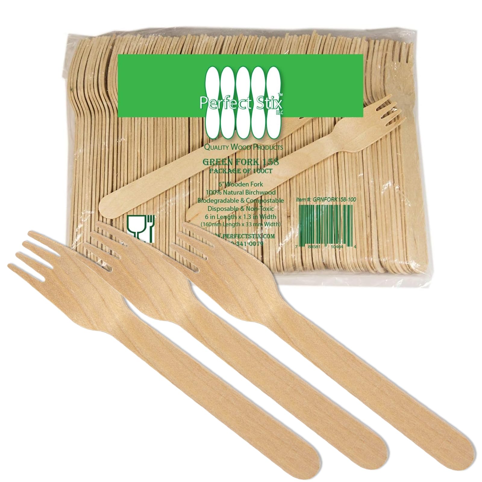 Eco-Friendly Disposable Wooden Forks - 250ct Biodegradable Plain Utensils for Parties, Picnics & Catering | Perfect Stix Green Fork 158-250ct