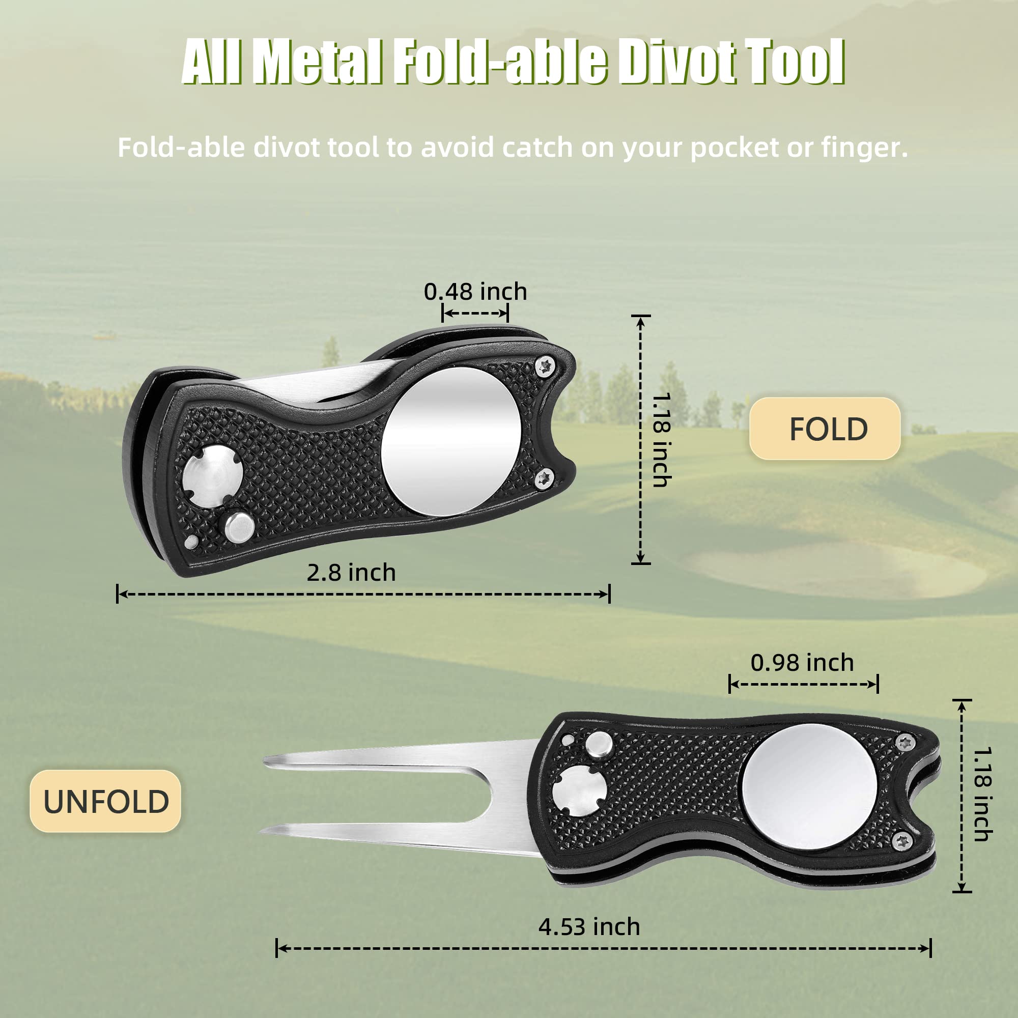Premium All-Metal Golf Divot Repair Tool with Pop-Up Button & Magnetic Ball Marker - Foldable Design for Easy Storage (2/4/6 Pack) | Perfect for Golf Course, Practice Range & Tournament Play