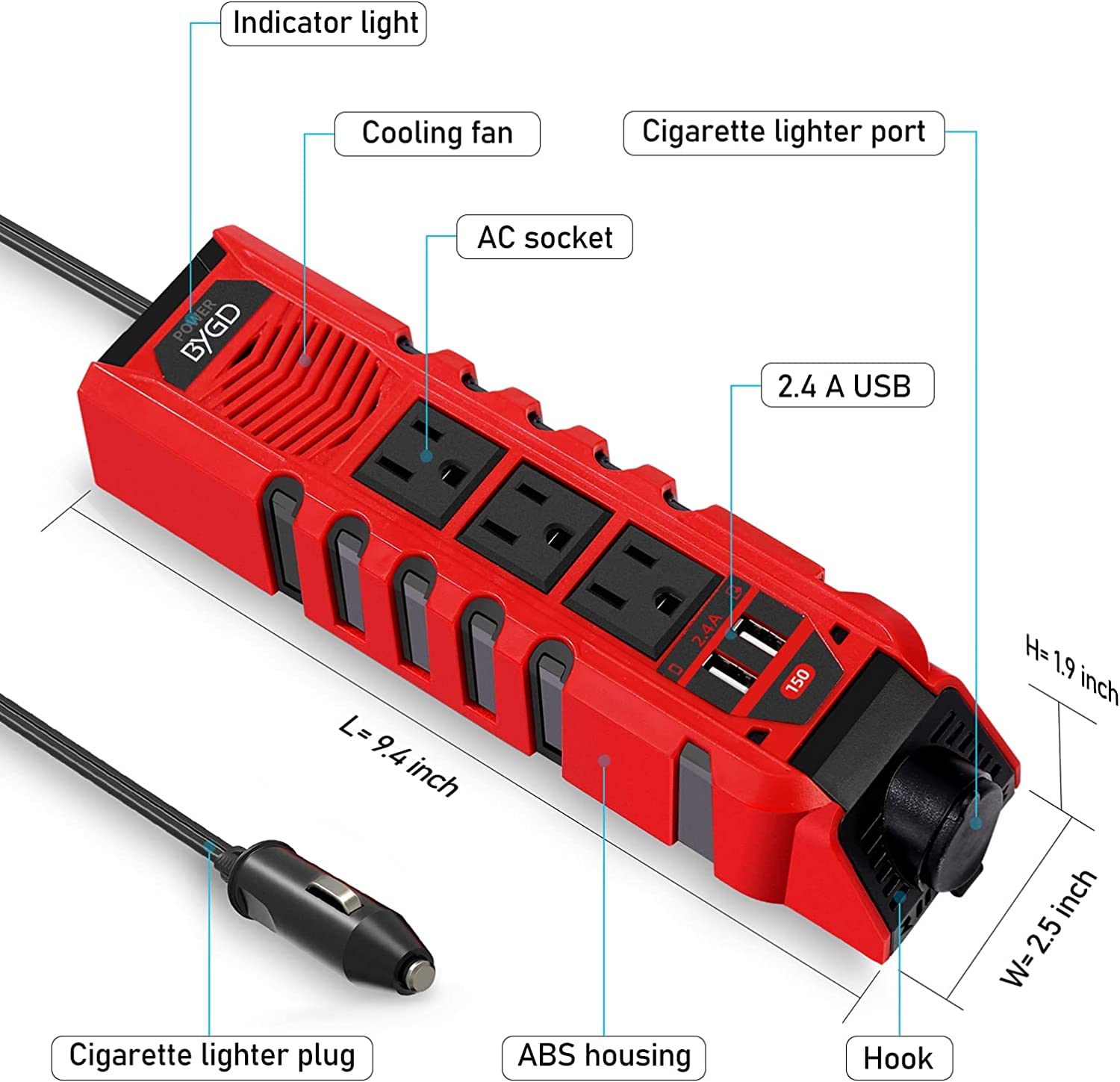 150W Car Power Inverter DC 12V to 110V AC Converter with 3 AC Outlets & 2 USB Ports (2.4A) - Cigarette Lighter Adapter for Road Trips, Camping & Charging Laptops/Devices On The Go
