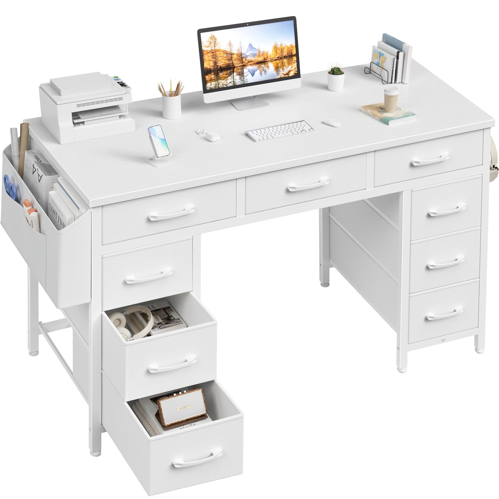 47 Inch White Computer Desk with 9 Fabric Drawers - Large Storage Office Desk for Home Office, Study & Writing | Perfect for Small Spaces, Dorm Rooms & Workstations