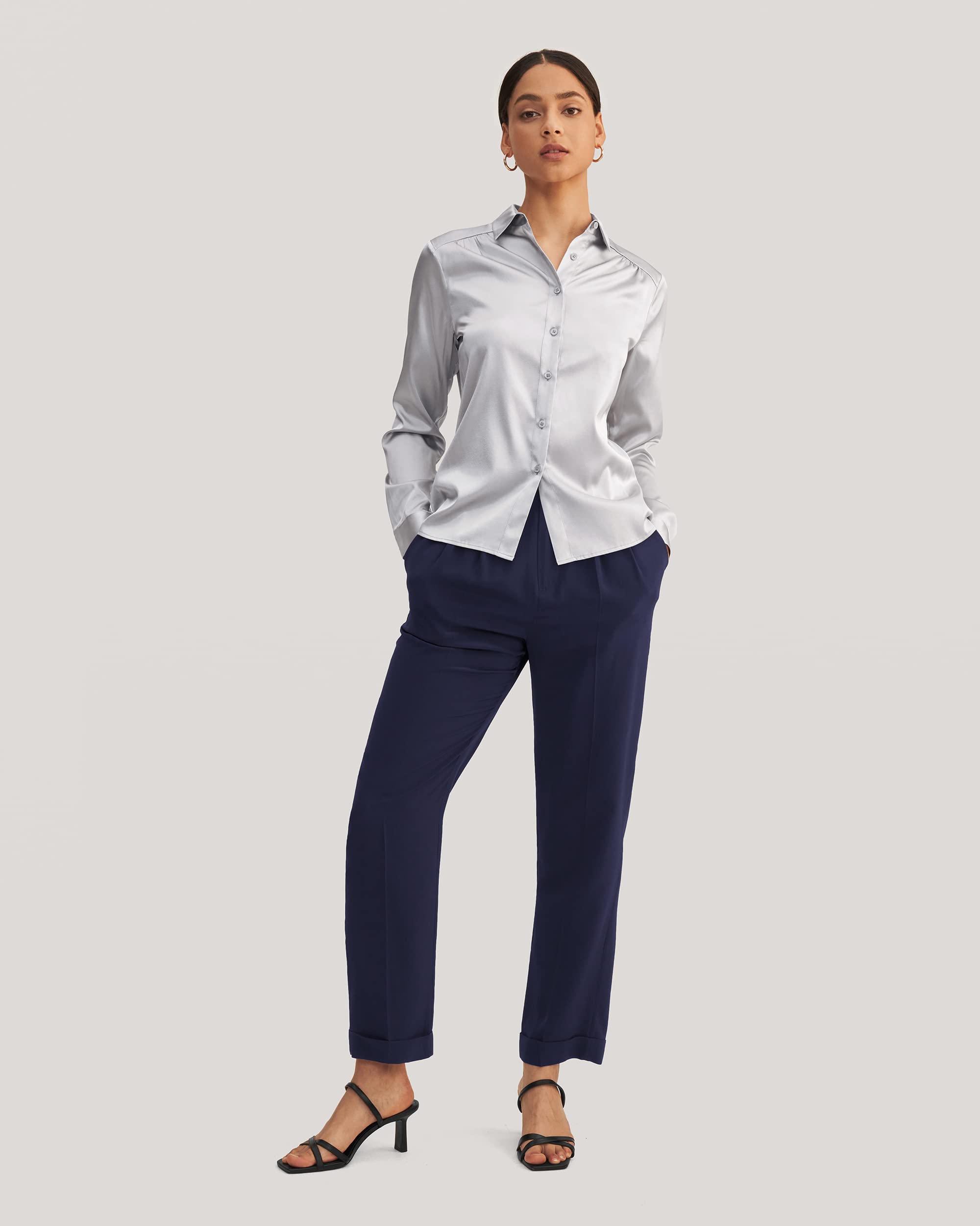 LilySilk Women's 19MM Natural Silk Charmeuse Long Sleeve Collared Blouse - Elegant Office Wear & Business Casual Tops for Professional Women