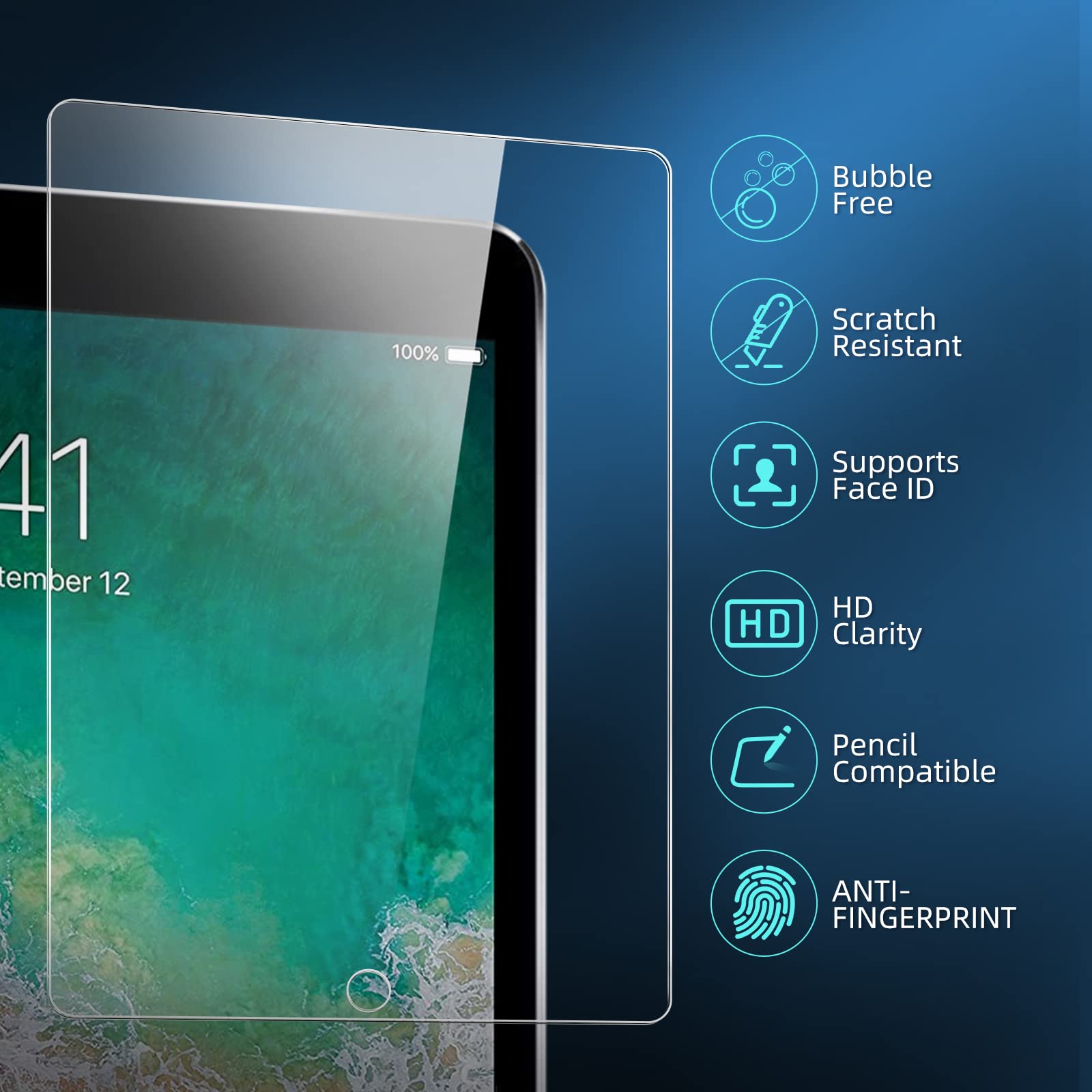 2 Pack Tempered Glass Screen Protector for iPad 9.7 Inch (2018/2017, 6th/5th Gen), iPad Air 1/2, iPad Pro 9.7