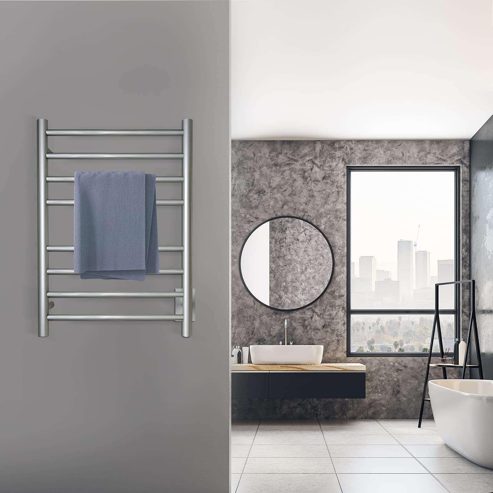 Brushed Nickel Electric Heated Towel Warmer - Wall Mounted Bathroom Towel Rack with 8 Stainless Steel Bars, 70W, 27.56x19.69x4.41 inches (ETW44-2) - Perfect for Spa, Luxury Bathrooms & Guest Room Towel Warming