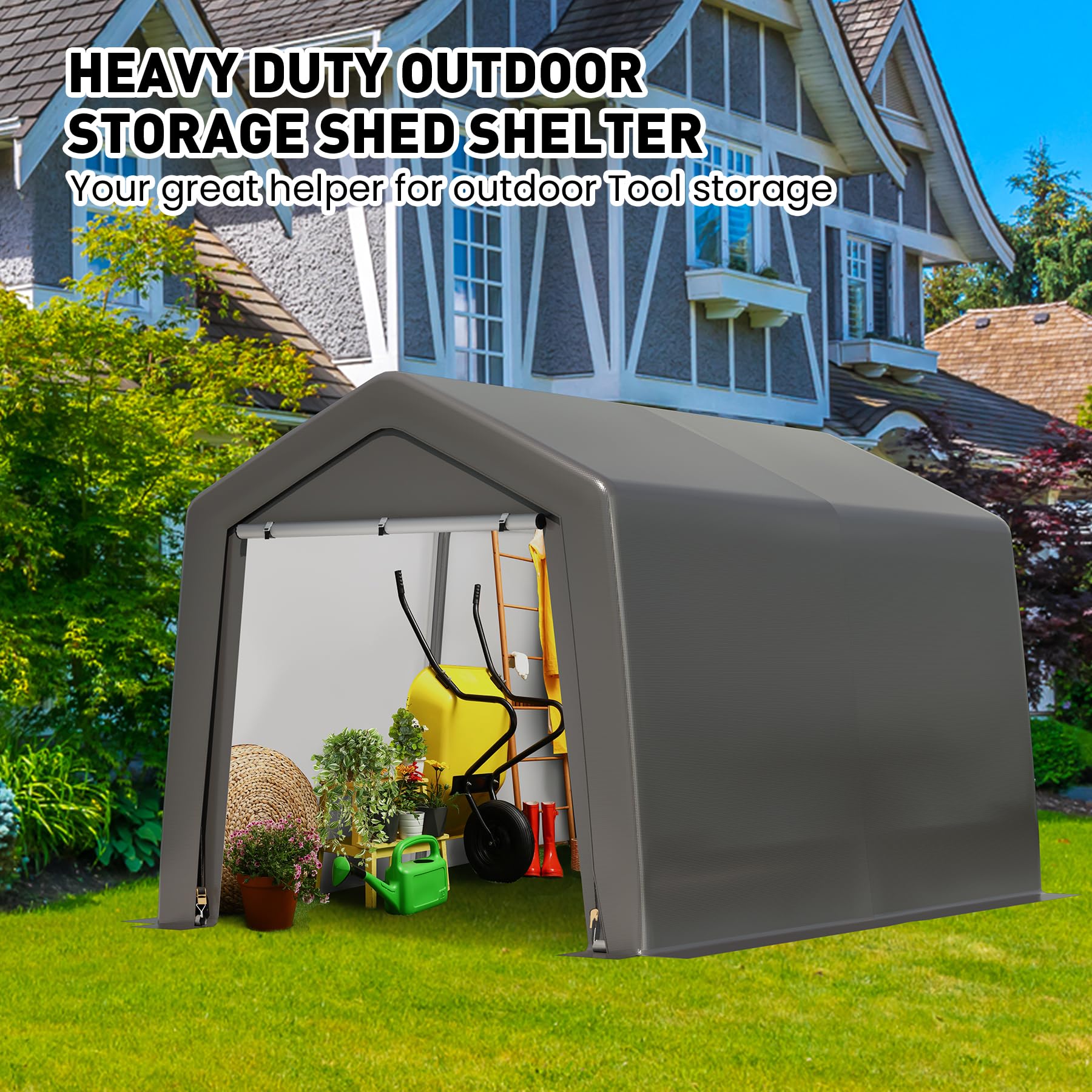8x12FT Waterproof Outdoor Storage Shed - UV Resistant Portable Garage with Roll-up Zipper Doors for Motorcycle, Bike & Garden Tools - Perfect for Backyard, Patio & RV Storage (Grey)