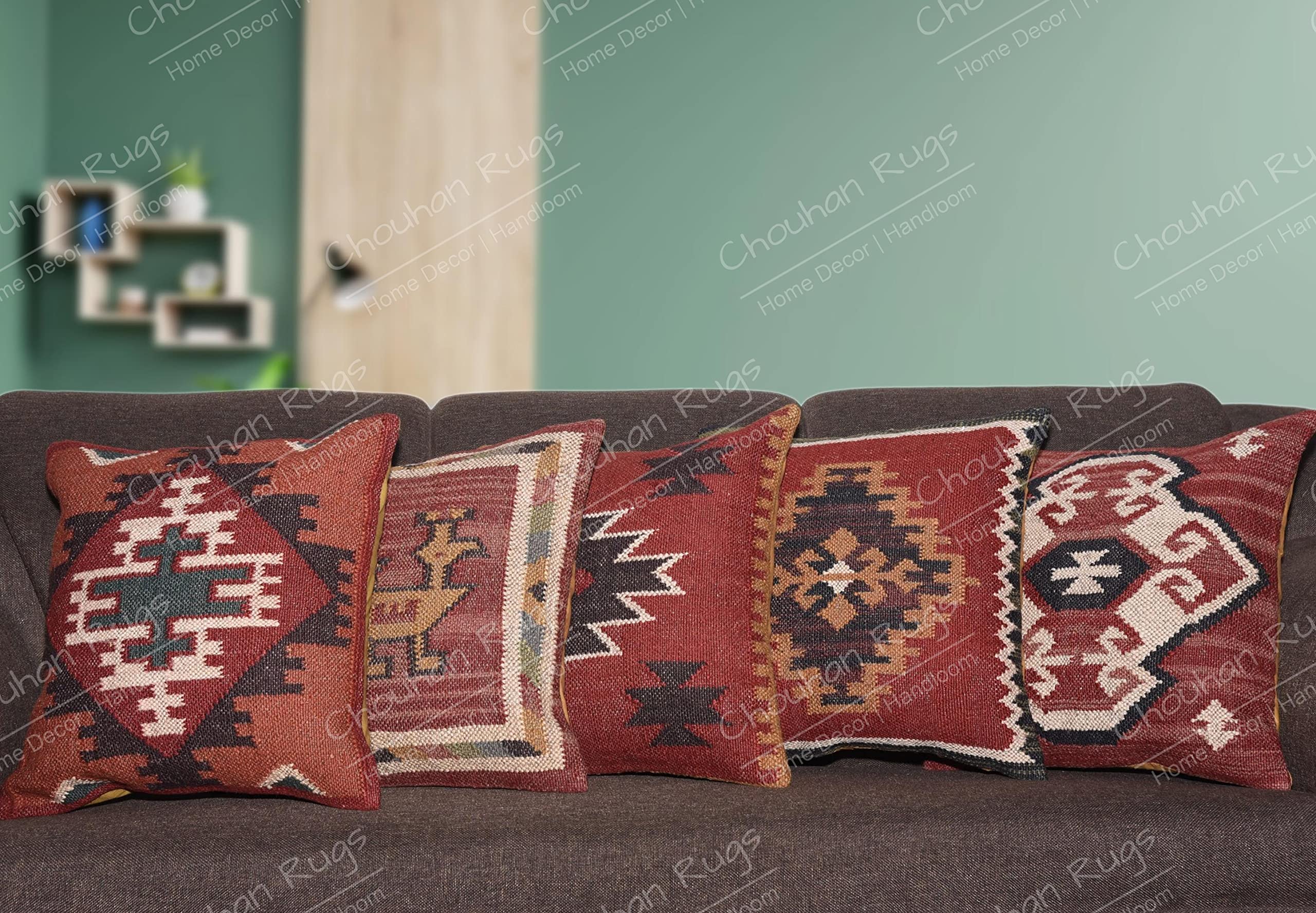 Set of 5 Handmade Jute Pillow Covers 18x18 Inch - Bohemian Kilim Square Cushion Cases for Sofa, Bed & Home Decor - Perfect for Christmas, Living Room & Boho Style Interior Design