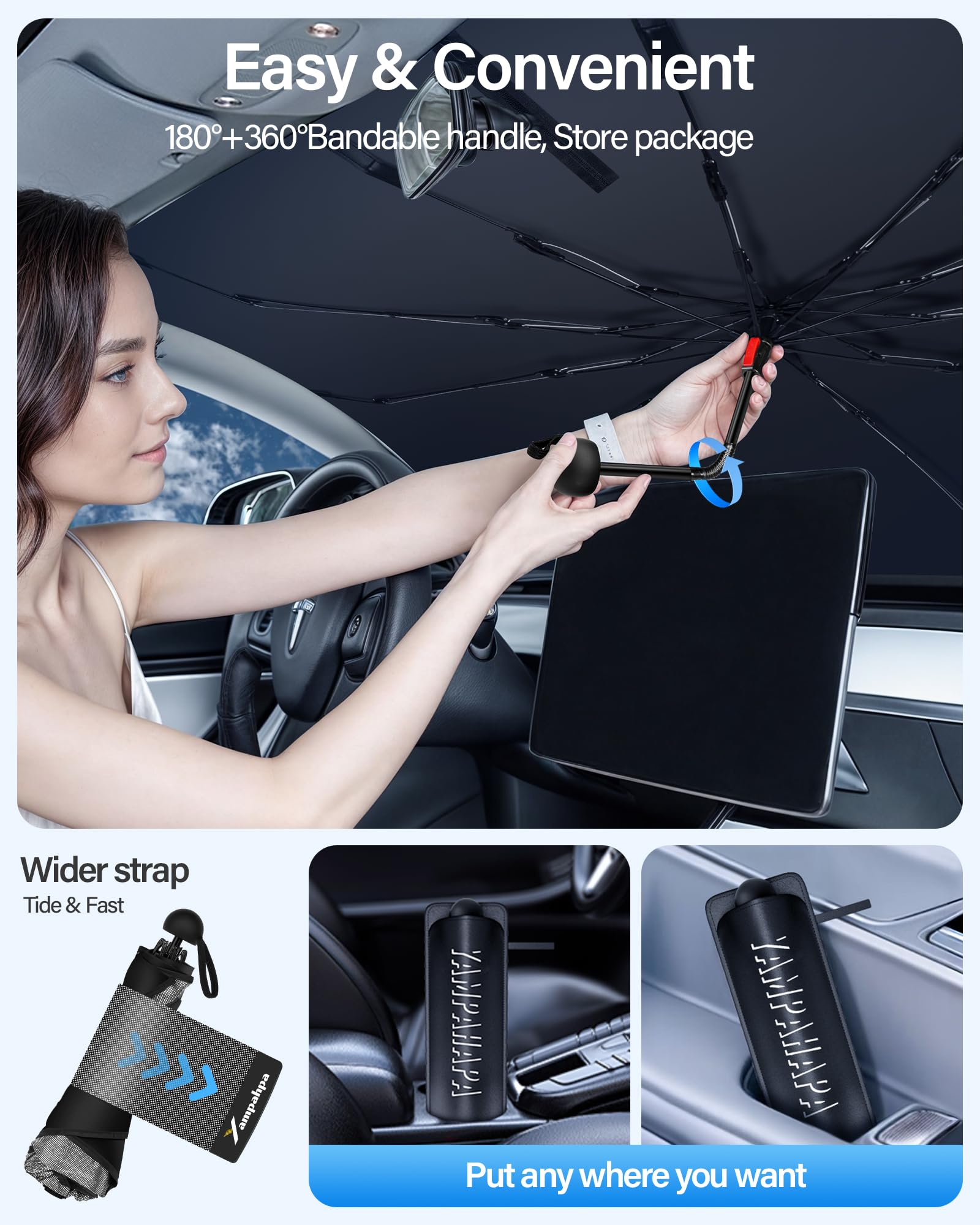 2024 Upgraded Car Windshield Sun Shade - Foldable UV Block Sunshade with 360° Rotating Handle | Nano Ice Crystal Cooling Technology | Universal Fit for Sedans (57x31 inches) | Perfect for Summer Parking & Heat Protection