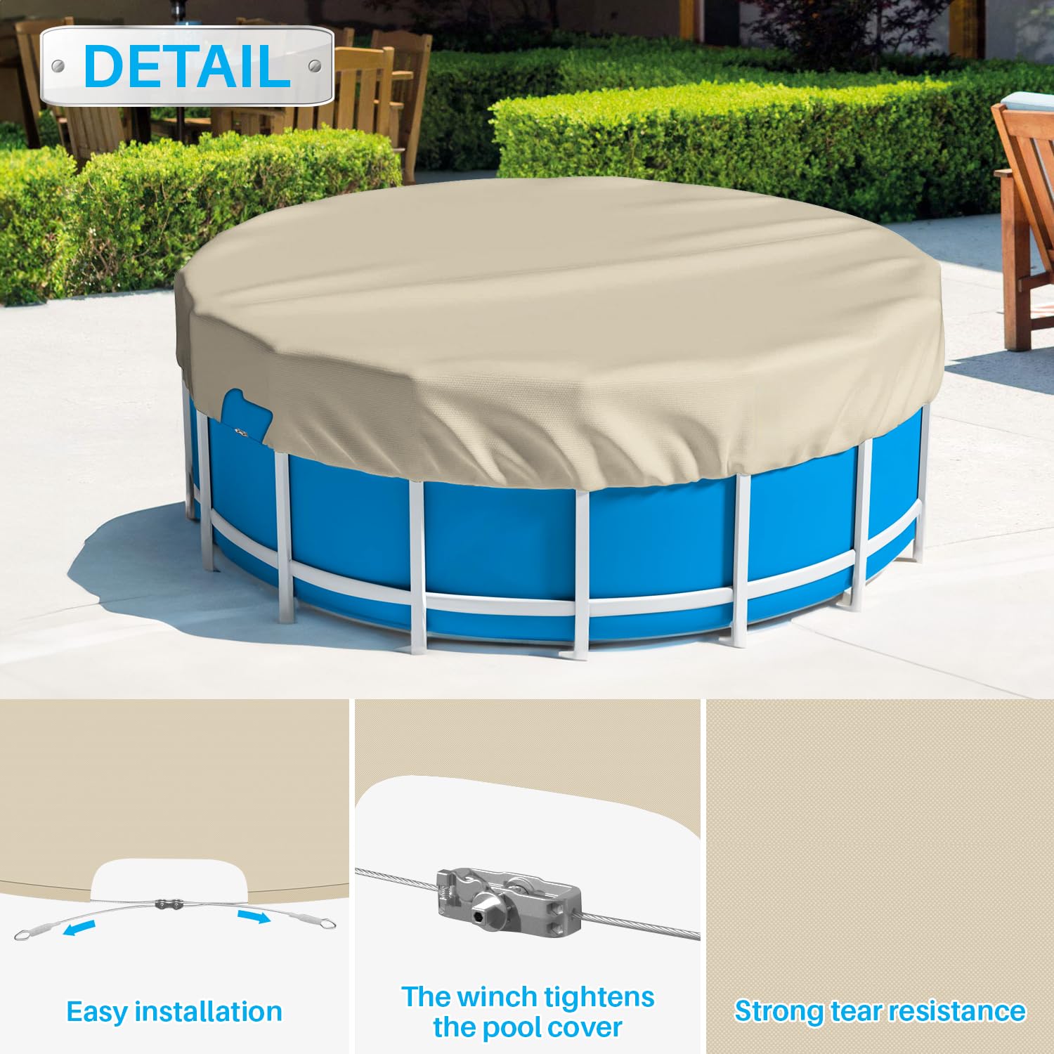 Patio Paradise 8ft Round Above Ground Pool Cover, 11ft Winter Safety Pool Cover with Wire Rope Edging & Winch, Waterproof Beige Leaf Tarp for Year-Round Protection