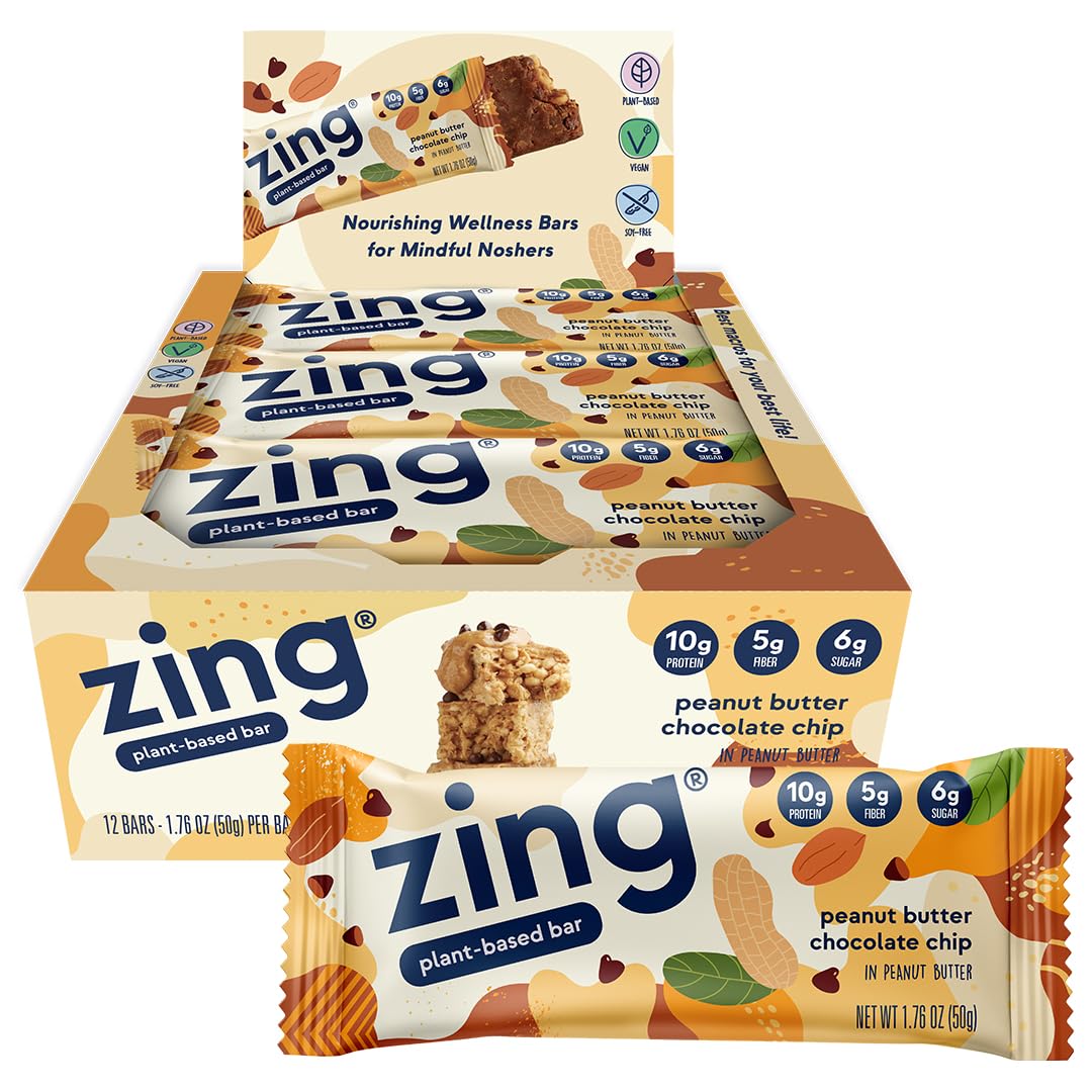 Zing Peanut Butter Chocolate Chip Vegan Protein Bars - Gluten Free, High Protein, High Fiber, Dairy Free, Plant Based, Kosher, Low Sugar, No Sugar Alcohols - 12 Pack | Perfect for Post-Workout Recovery, Healthy Snacking & On-the-Go Nutrition