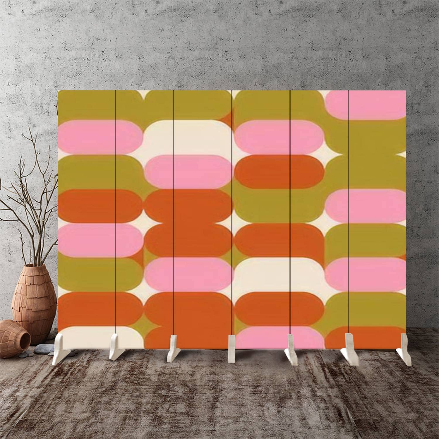 Mid Century Geometric Abstract Canvas Room Divider Screen - 6 Panel Folding Privacy Partition for Bedroom, Office & Living Room | Seamless Room Separator & Wall Decor