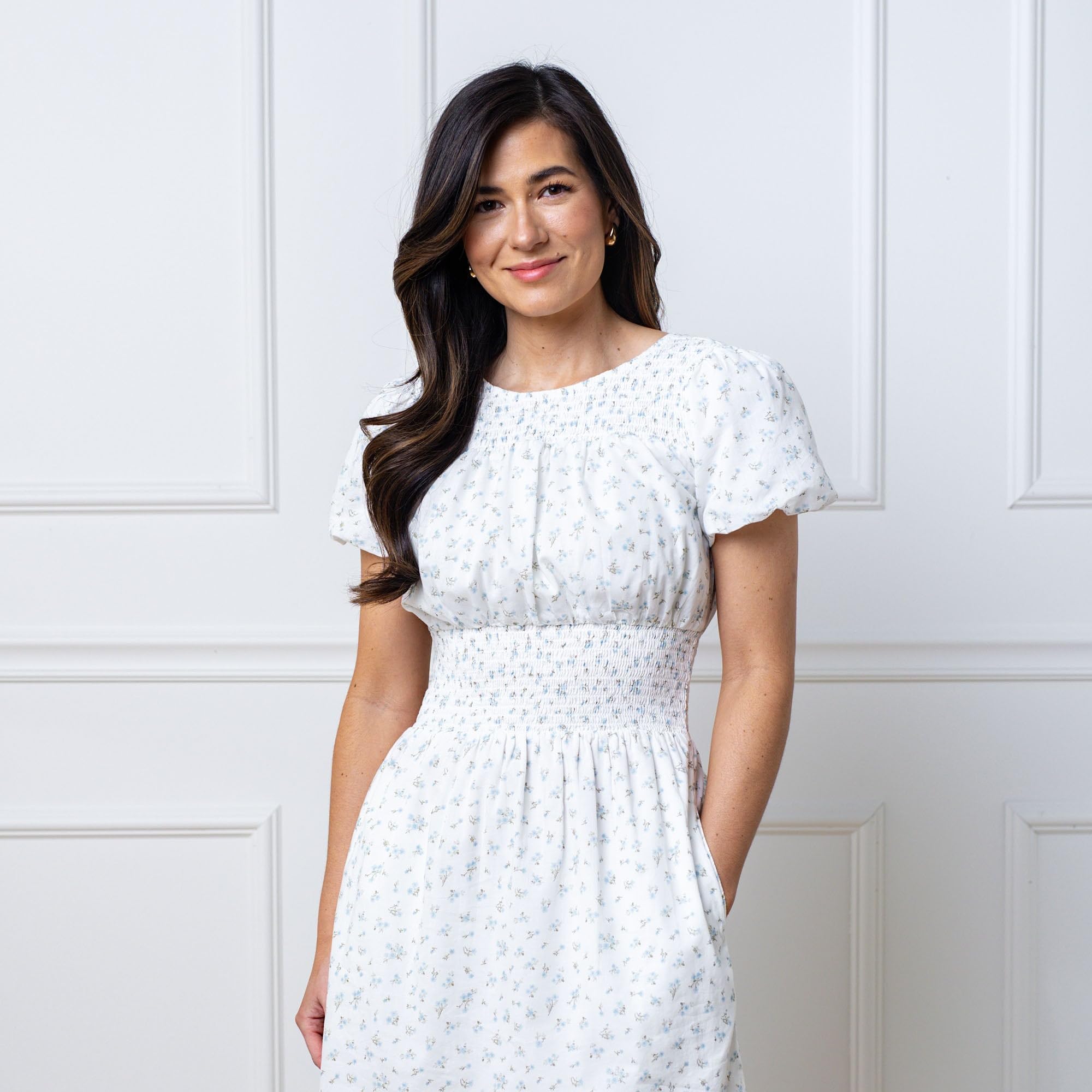 Hope & Henry Women's Organic Cotton Bubble Sleeve Smocked Bodice Dress - Flowy Summer Dress for Beach, Wedding & Casual Outings