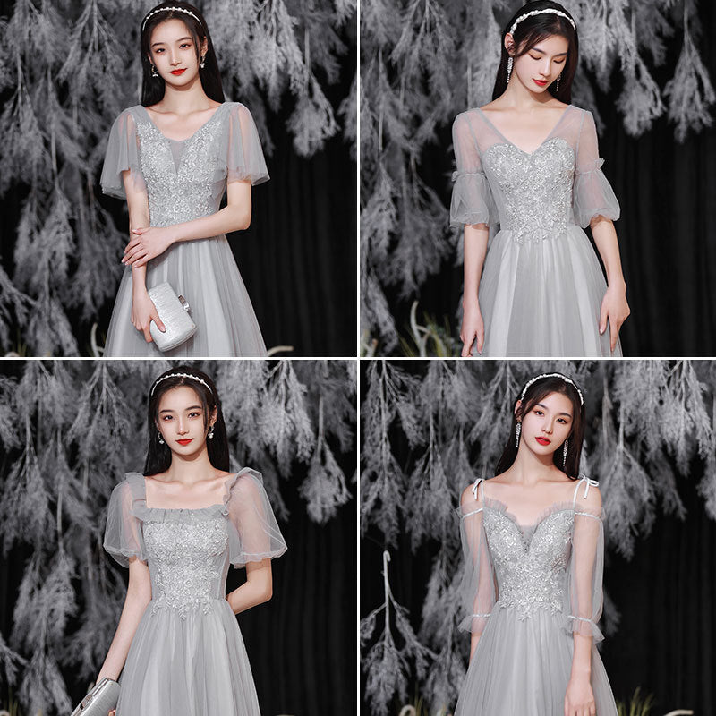 Elegant Gray Tulle Long Prom Dress - A-Line Bridesmaid Gown for Formal Evening & Party Events | Perfect for Weddings, Prom Nights & Special Occasions