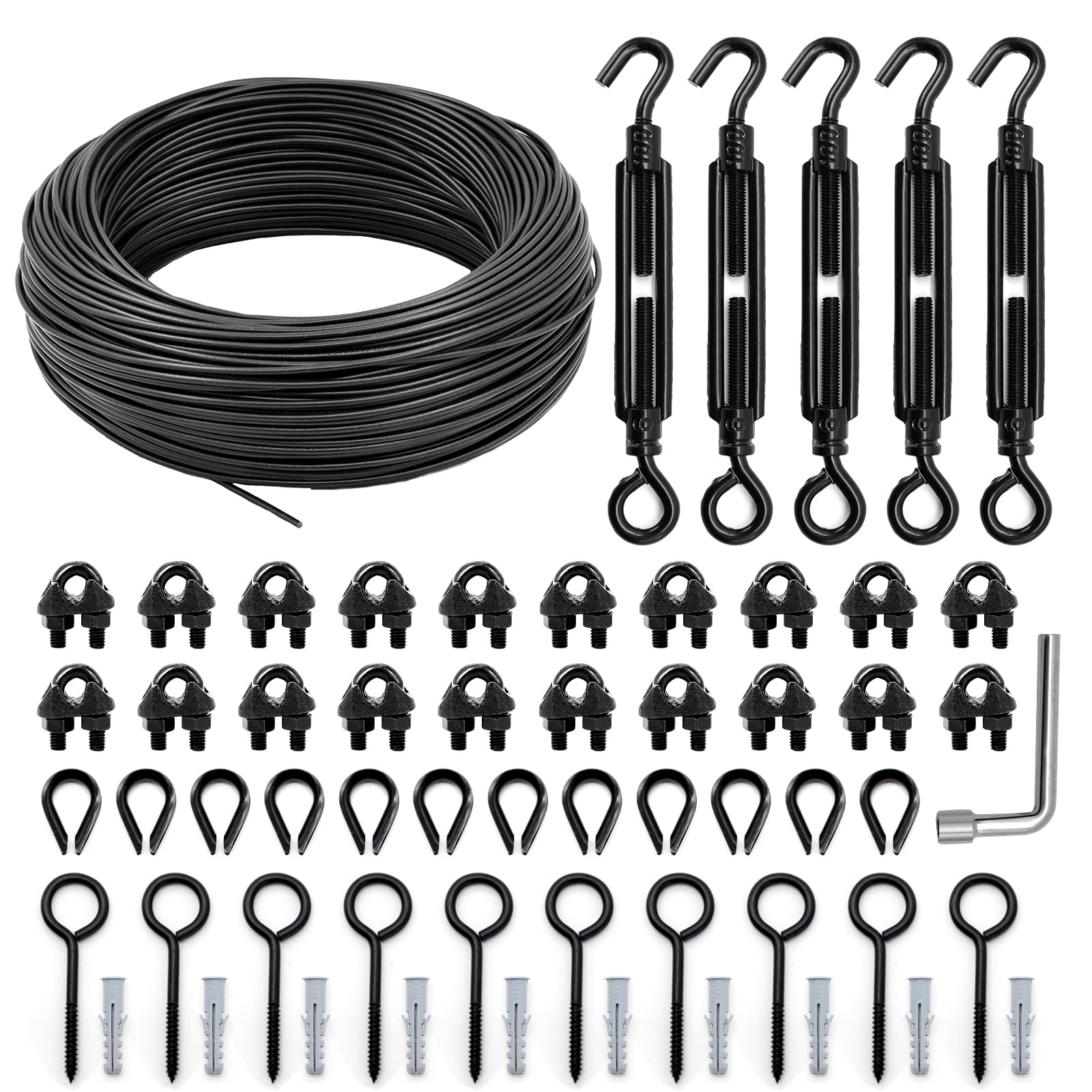 Black Globe String Lights Outdoor Hanging Kit - 100FT PVC Coated Steel Cable with Accessories for Patio, Garden, Camping & Backyard Decor