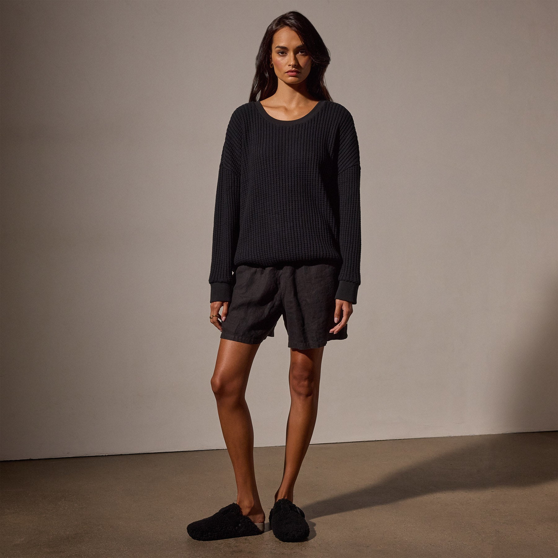 Waffle Knit Sweatshirt for Women - Soft & Cozy Black Pullover | Perfect for Casual Outfits, Lounge Wear & Fall Fashion