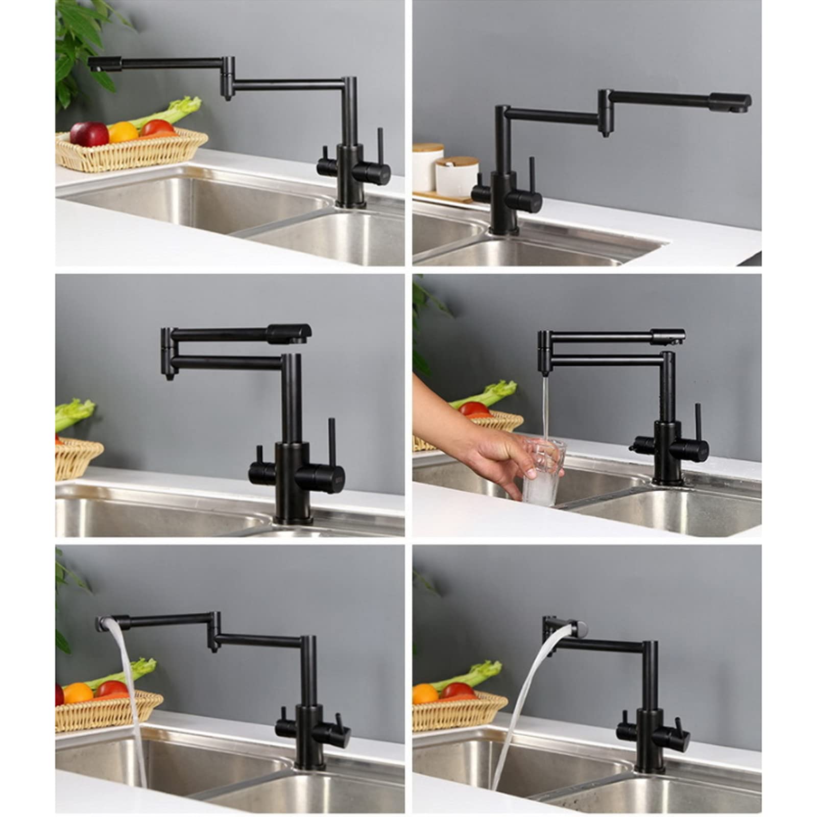 Black Kitchen Sink Faucet with Drinking Water Spout | Retractable Pot Filler Faucet with Dual Swing Arm | Brass Dual Handle Hot & Cold Water Mixer Tap | Perfect for Modern Kitchens, Cooking & Dishwashing