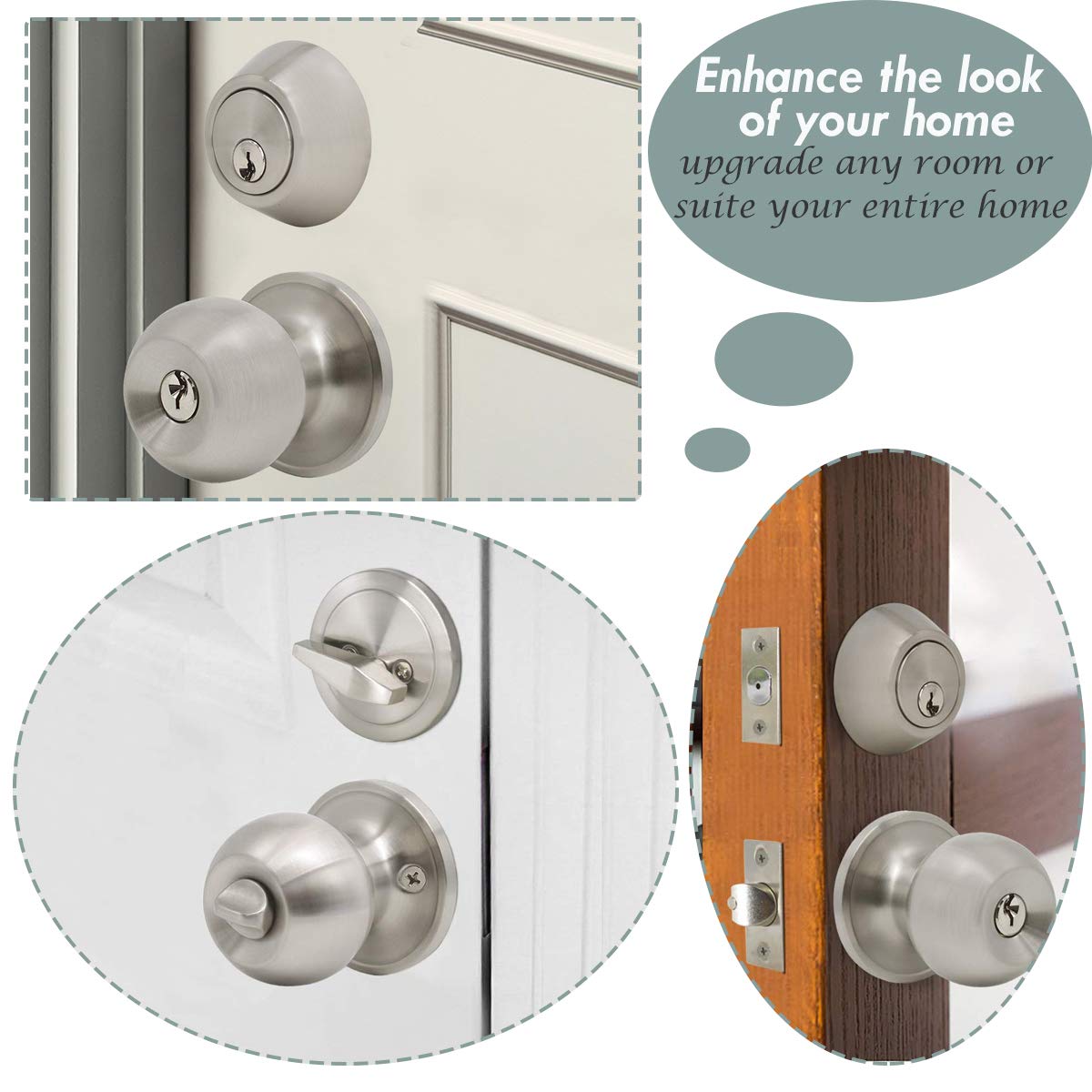 2 Pack Keyed Alike Door Knob & Deadbolt Set - Satin Nickel Finish for Home Security