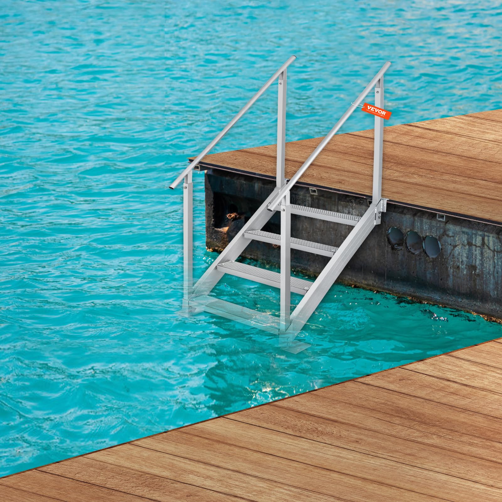 VEVOR 4-Step Aluminum Dock Ladder with Handrails - 500lb Capacity Adjustable Boat Steps for Pool, Lake & Marine Use - Wide Non-Slip Pedals for Pontoon, RV & Home Boarding - Perfect for Swimming, Fishing & Water Sports Access