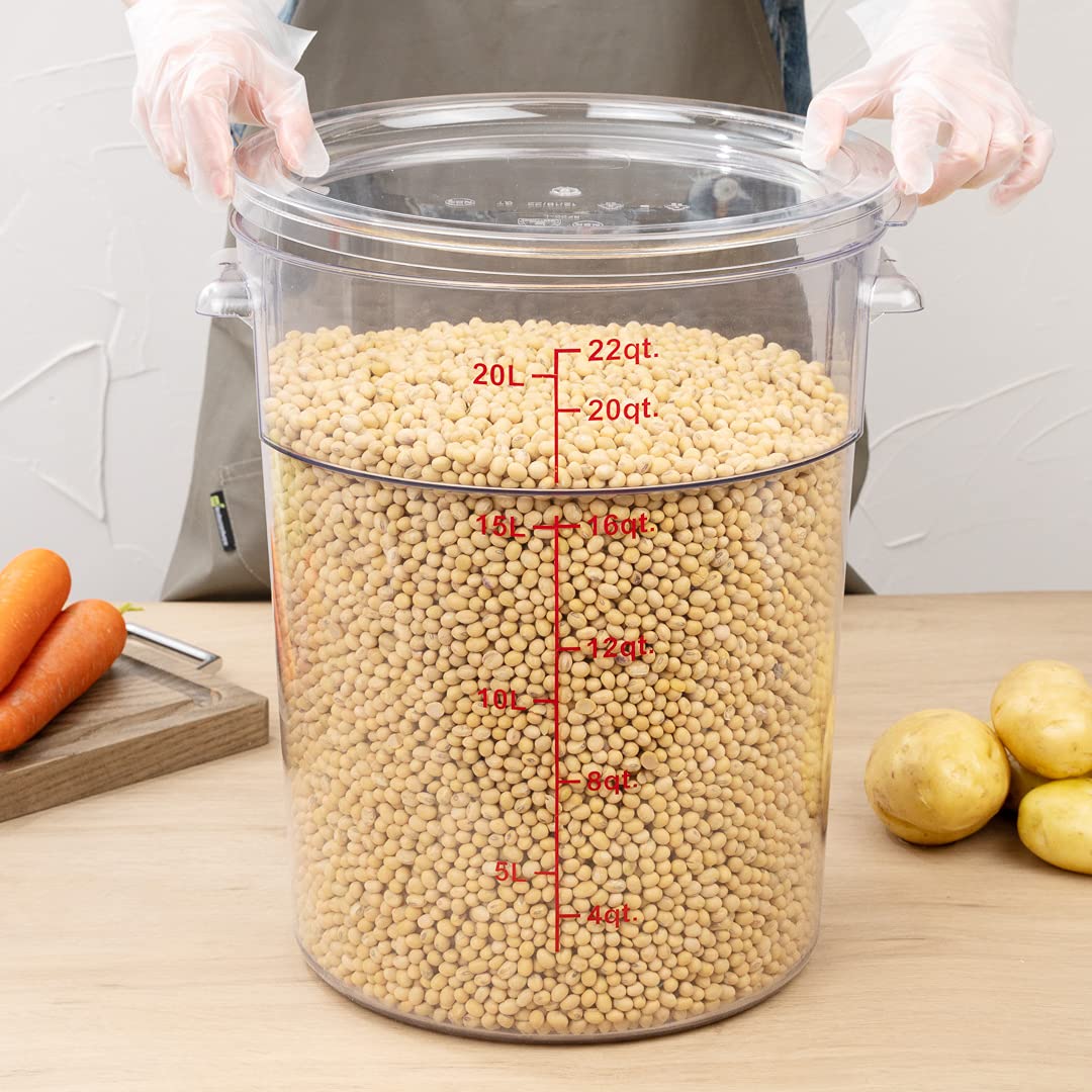 Restaurantware Met Lux 22 Quart (20.8L) Clear Plastic Food Storage Containers - 10-Pack Round Commercial Food Prep Buckets with Volume Markers | Space-Saving Kitchen Organization for Restaurants, Catering & Bulk Food Storage (Lids Sold Separately)