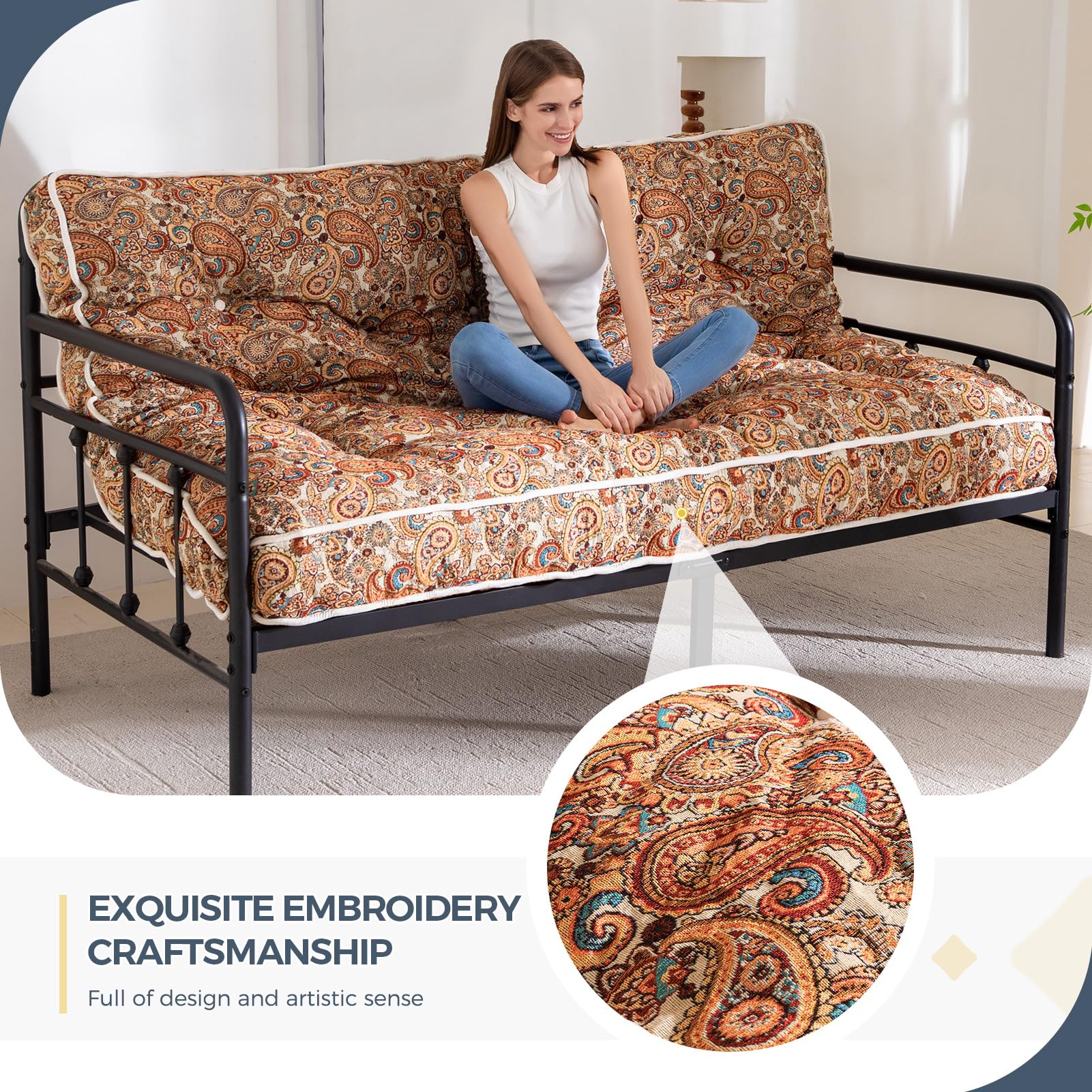MAXYOYO 6 Bohemian Futon Mattress Full Size - Thickened Sofa Bed with Yellow Cover for Living Room, Guest Room & Dorm | Convertible Couch to Bed for Small Spaces