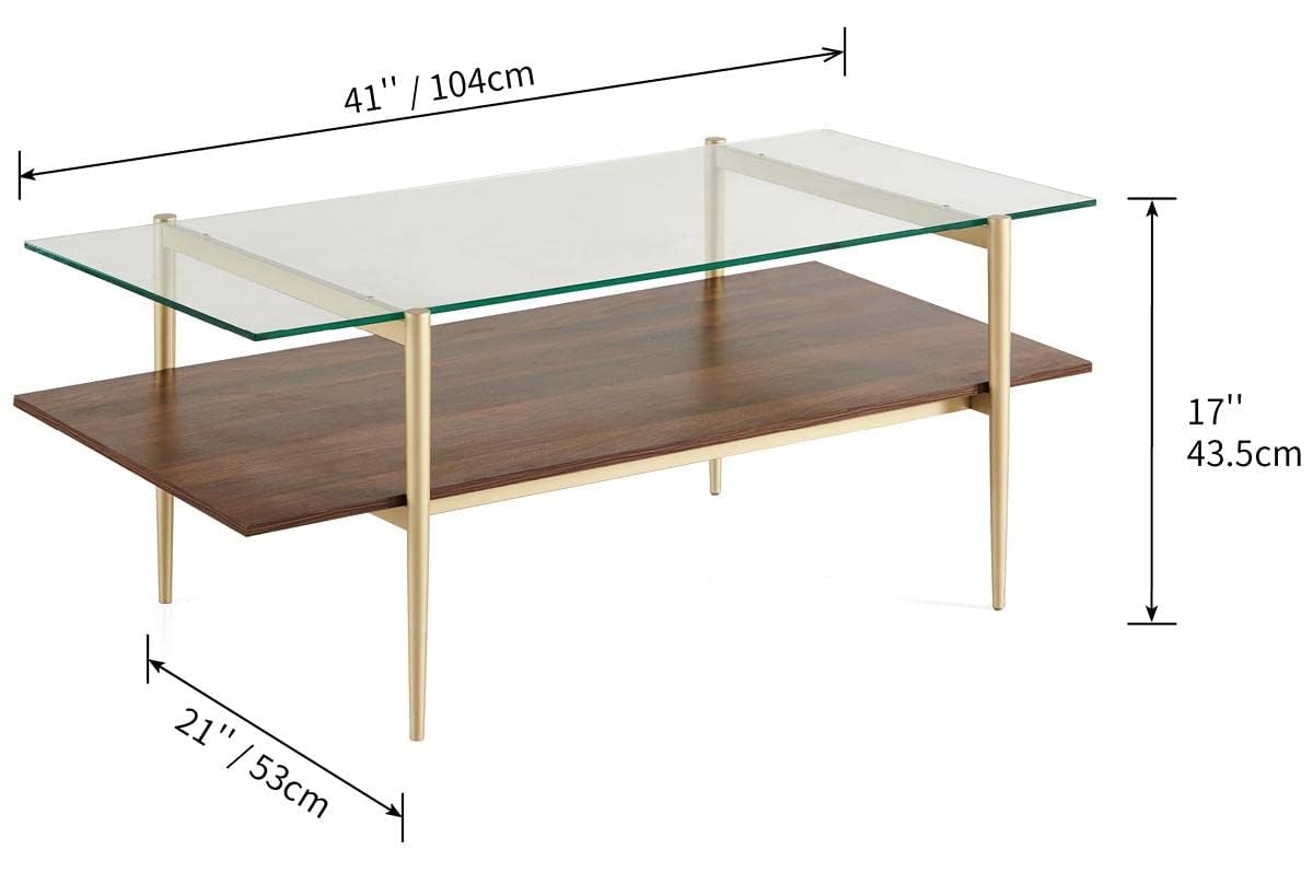 Saint Mossi Tadio Modern Glass Coffee Table - Clear Double Layer Design with Coffee Brown Bottom Shelf for Living Room | Perfect for Lounge, Family Gatherings & Home Decor