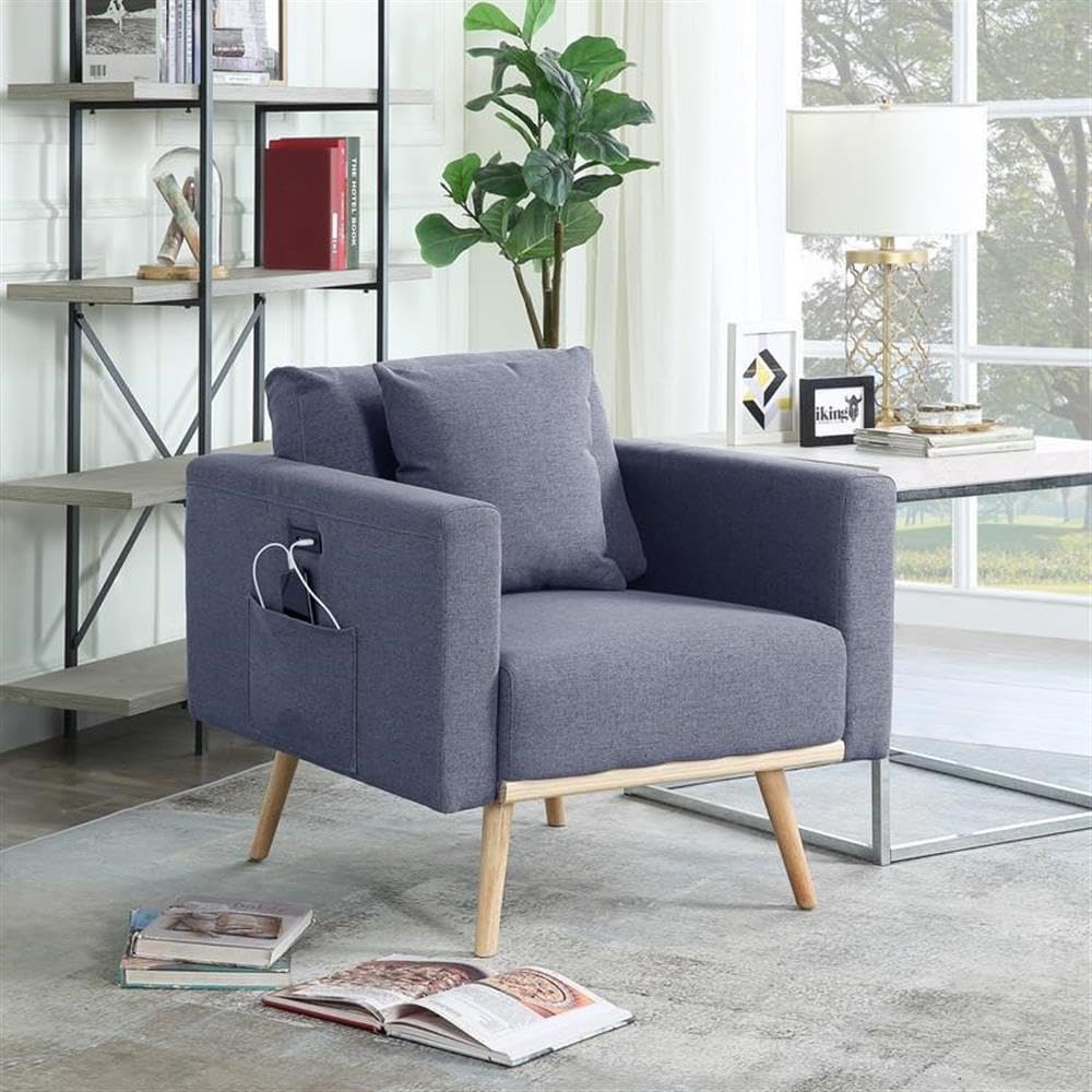 Lilola Home Easton Dark Gray Linen Fabric Chair with USB Charging Ports, Side Pockets & Removable Pillows - Modern Living Room, Office, Gaming & Reading Chair for Home Comfort