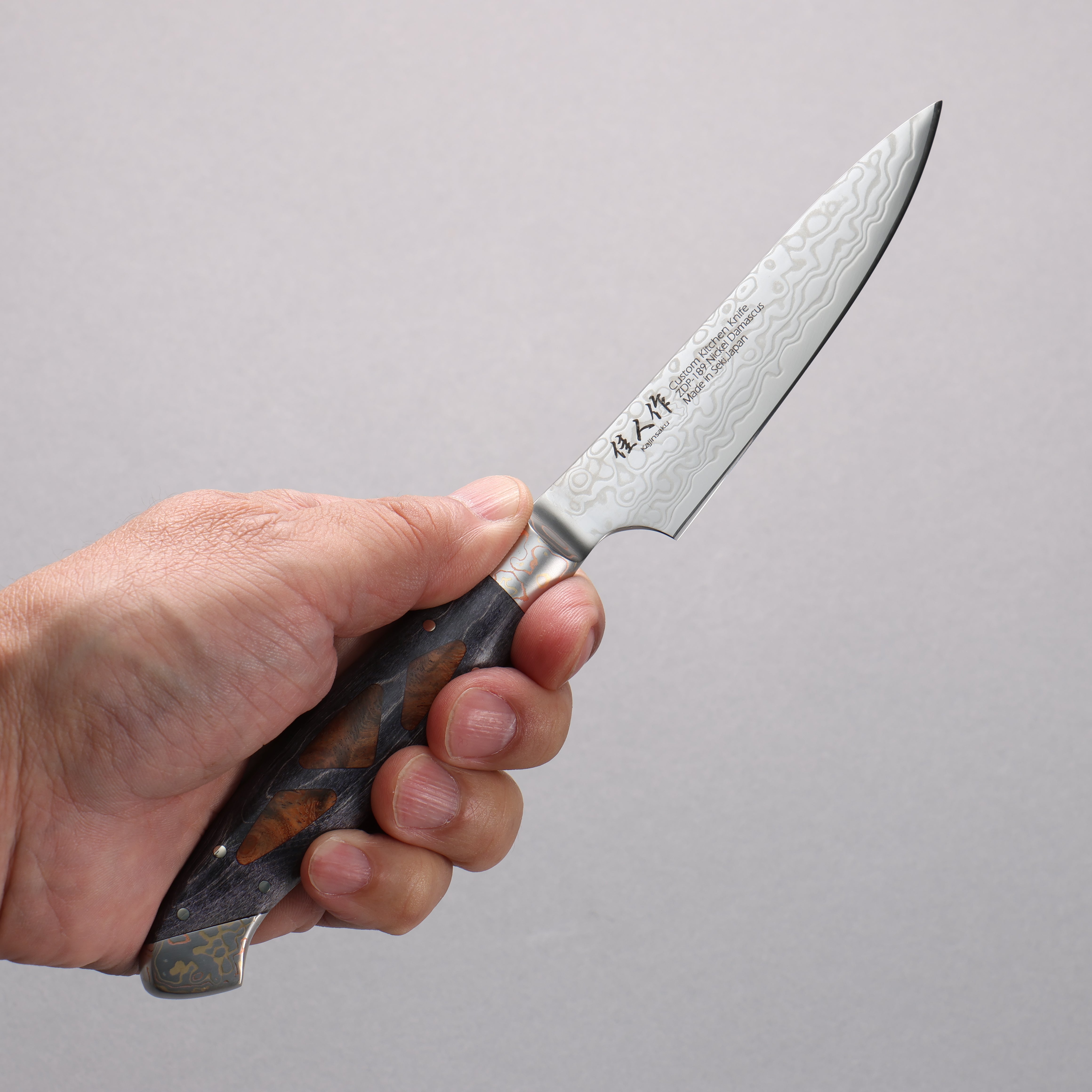 Premium ZDP-189 Damascus Steel Petty Knife 95mm - Japanese Handcrafted Migaki Finish with Exotic Chinese Quince Burl Wood Handle - Perfect for Sushi, Fruit Cutting & Precision Kitchen Tasks