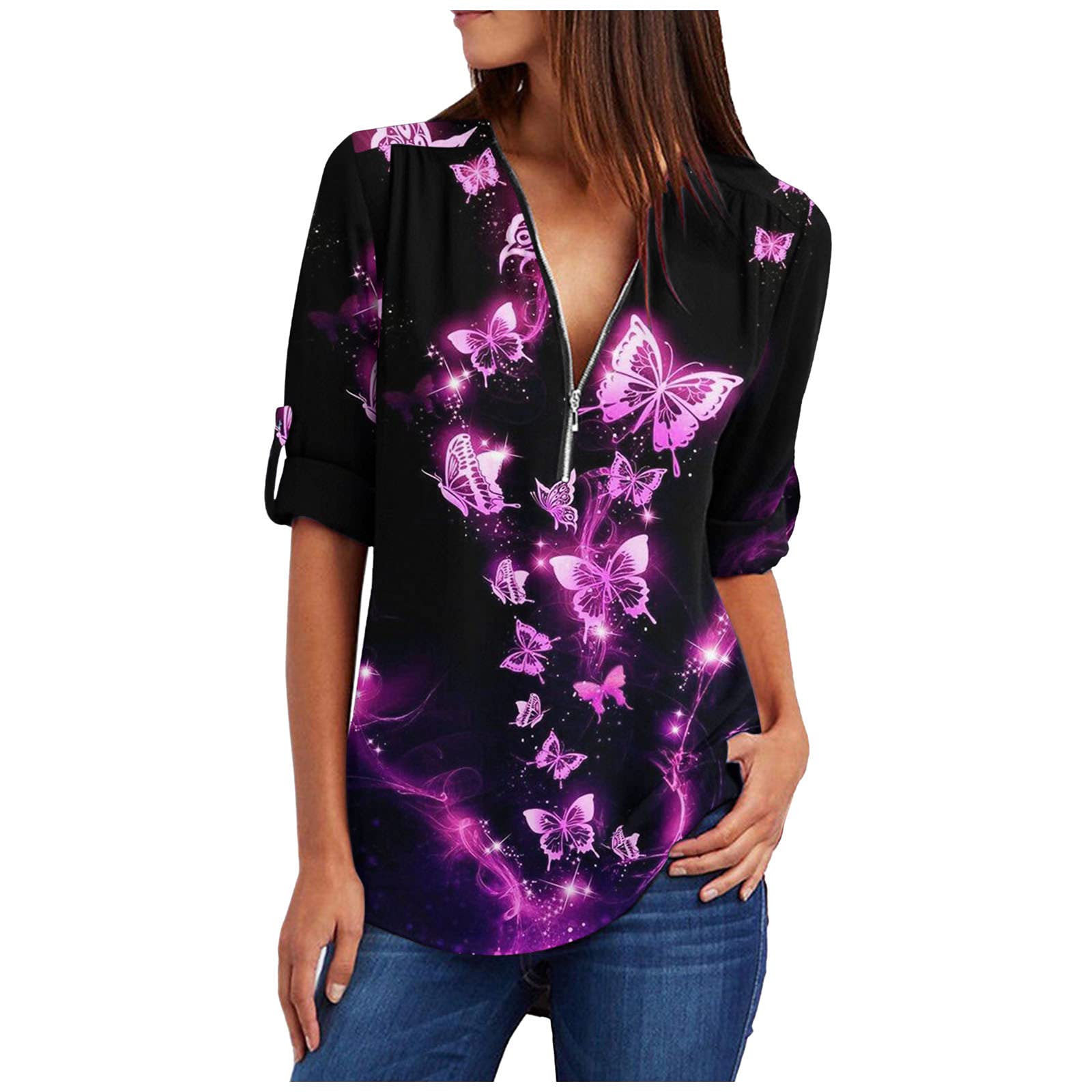 Women's 3/4 Rolled Sleeve V-Neck Zip-Up Tunic Top - Flowy Business Casual Blouse with Cuffed Sleeves for Office Work & Professional Outfits