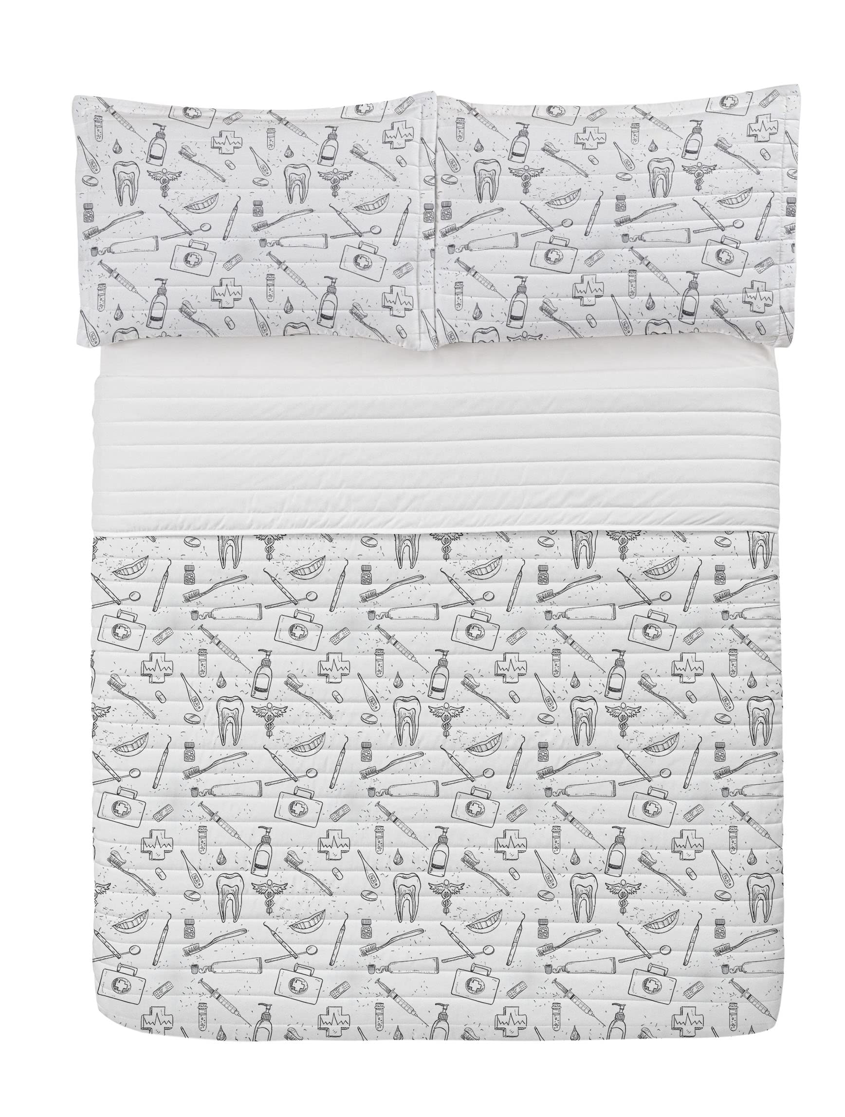 Ambesonne Hipster Microfiber King Size Bedspread Set - Hand Drawn Dental Hygiene Theme with Teeth Care Pattern, Soft Black & White Comforter with Pillow Shams | Perfect for Modern Bedrooms, Dorm Rooms & Unique Gift Ideas