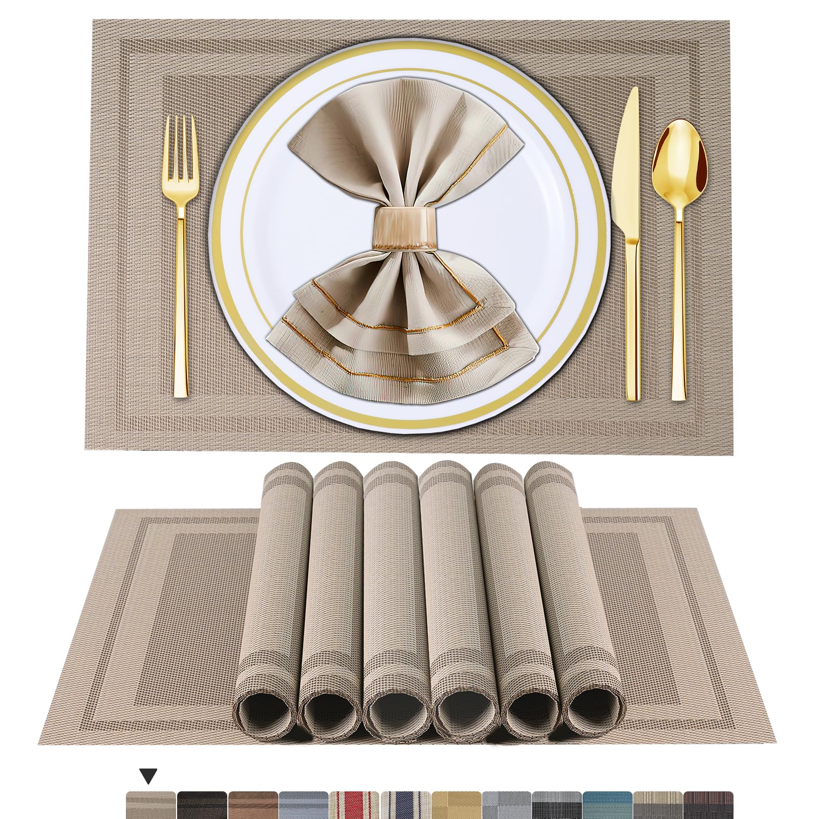 6-Piece Boho Woven Placemats Set - Waterproof Vinyl Table Mats for Indoor/Outdoor Dining - Beige Decorative Table Mats for Kitchen, Patio, and Picnic Use