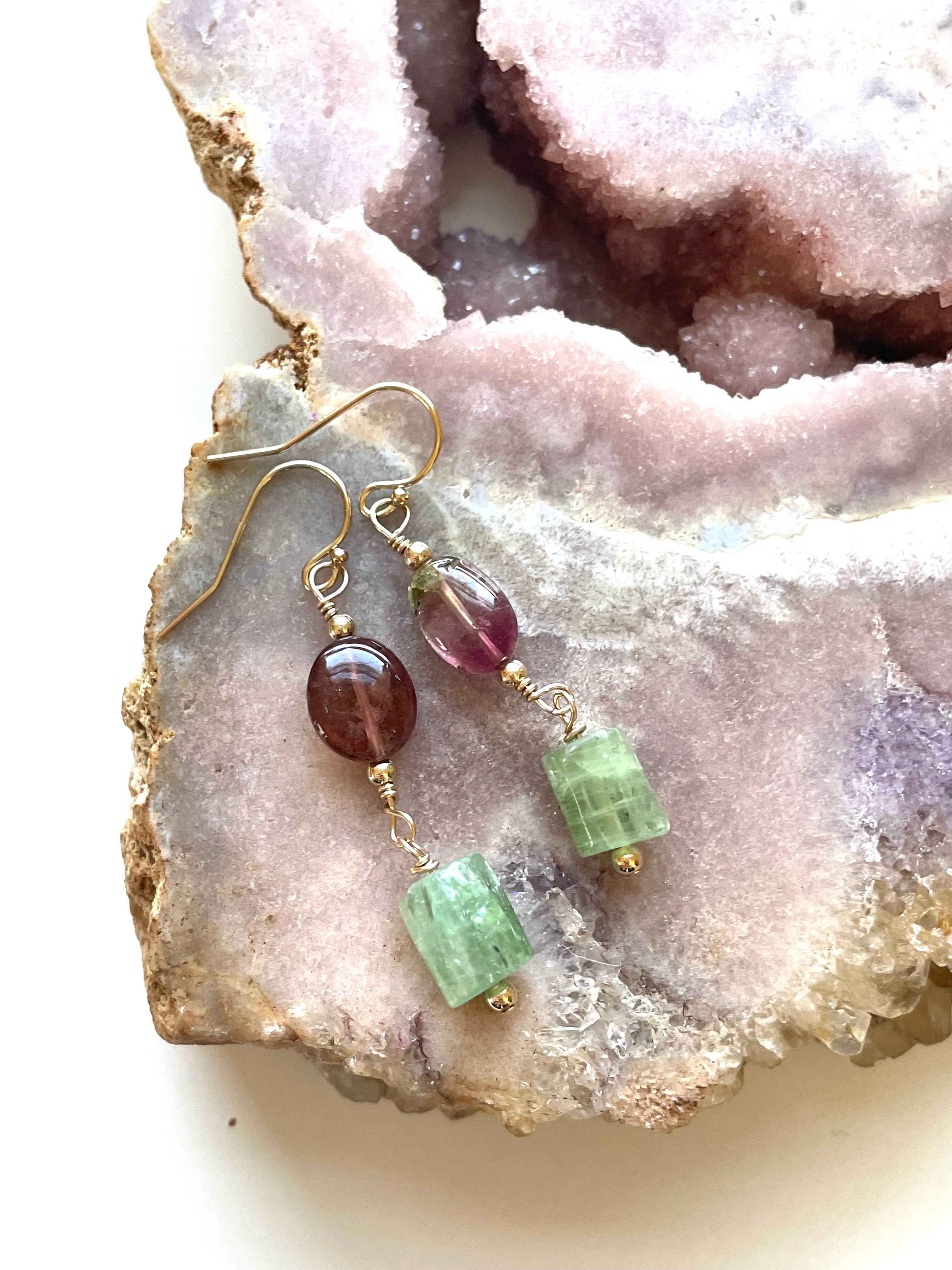 Pink Tourmaline & Green Kyanite Gold Filled Earrings | Healing Crystal Jewelry for Women | Perfect for Meditation, Yoga & Spiritual Gifts