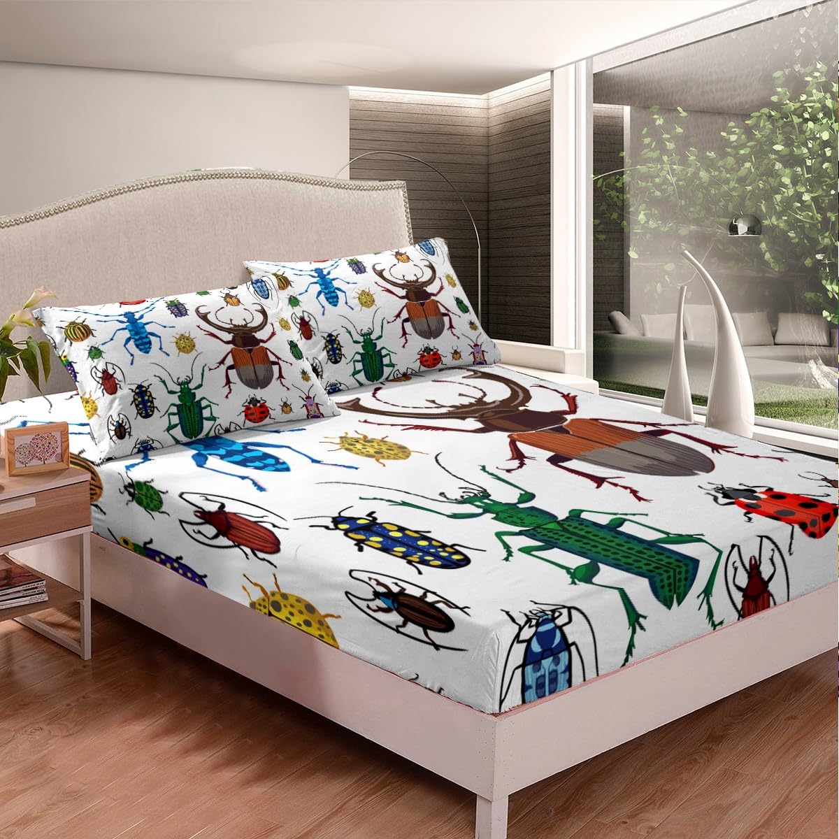 Kids Bug Fitted Sheet Set - Colorful Flying Beetle Pattern Bedding for Boys & Girls | Nature Animal Themed 3-Piece Queen Size Bed Cover | Perfect for Kids' Rooms, Themed Bedrooms & Nature Lovers