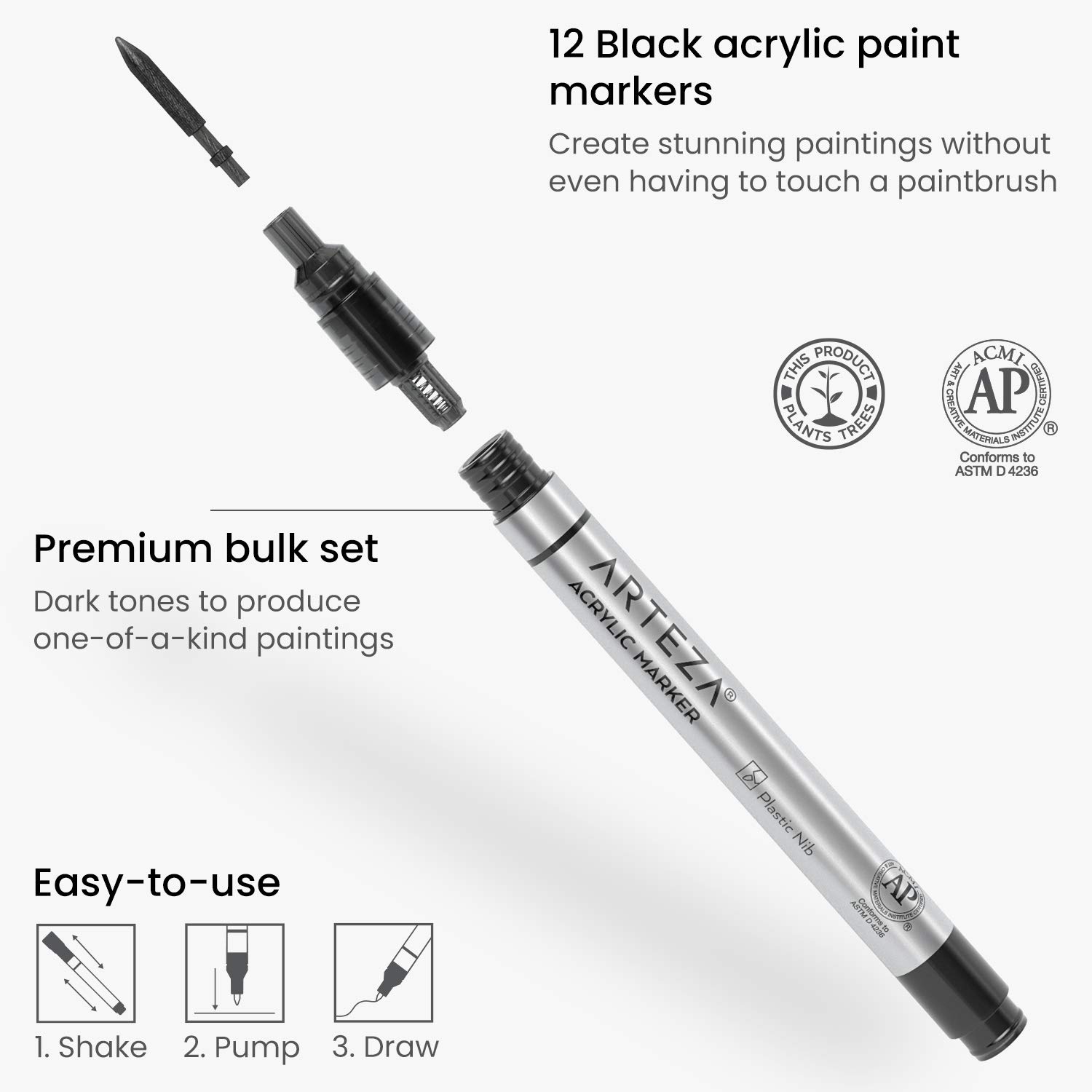 Arteza 12 Pack Acrylic Paint Markers - Permanent Black Fine Tip Art Pens for Canvas, Glass, Plastic & Rock Painting - Professional Artist Markers for DIY Crafts, Calligraphy & Custom Designs - Ideal for Home Decor, Scrapbooking, Gift Wrapping, T-Shirt Printing & School Art Projects