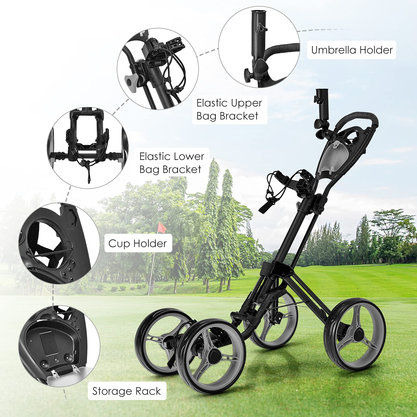 GYMAX 4 Wheel Folding Golf Push Cart - Adjustable Height Golf Trolley with Umbrella Holder, Cup Holder & Foot Brake - Lightweight Portable Golf Caddy for Adults & Teens - Perfect for Golf Courses, Driving Ranges & Outdoor Practice