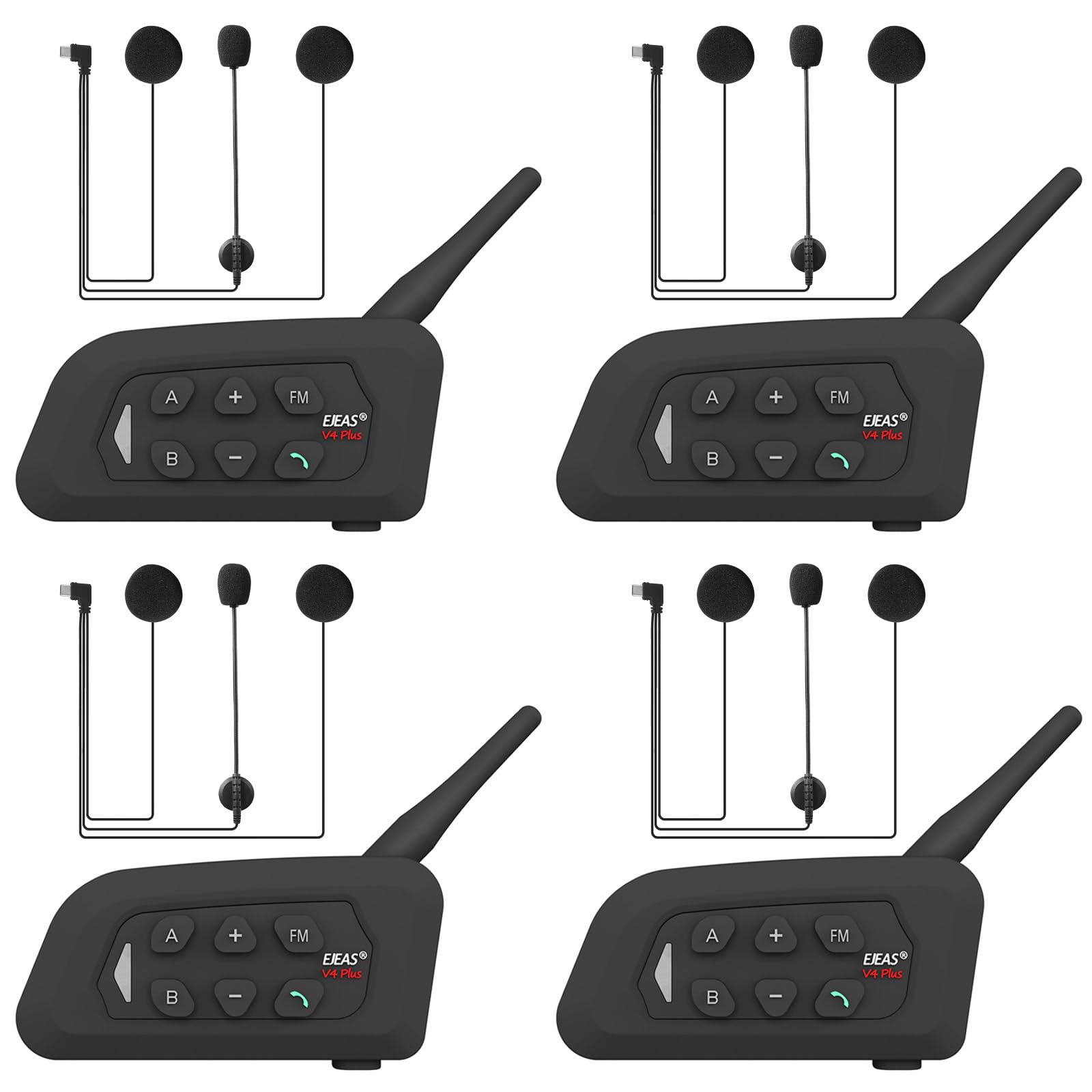 V4 Plus Motorcycle Bluetooth Helmet Intercom Headset - 4 Pack, 4-Way Group Communication System for Motorcycle Riders, Soccer Referees, Skiing & ATV/Off-Road Adventures - Hands-Free Wireless Headset for Safe Riding & Outdoor Sports