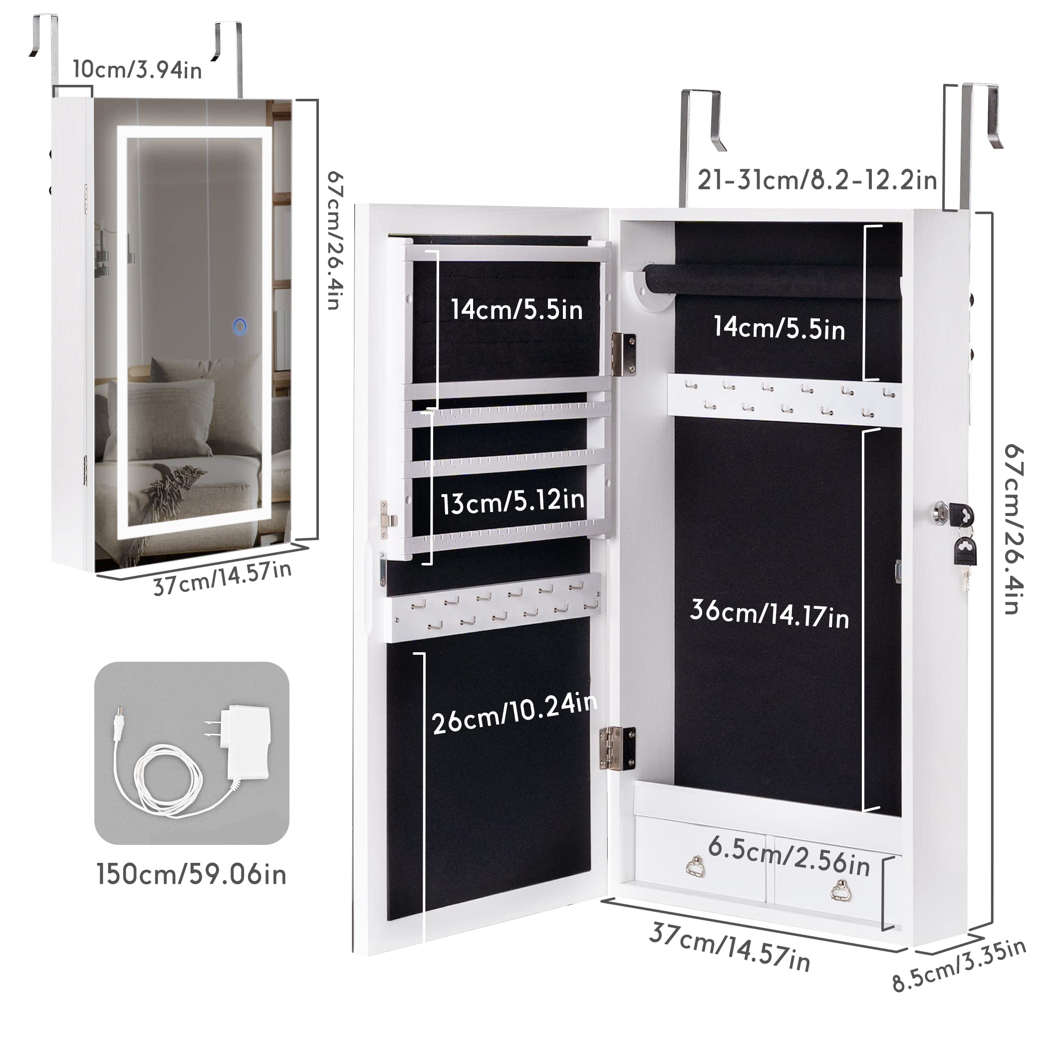 LAVIEVERT Jewelry Armoire with LED Mirror - Wall/Door Mounted Frameless Jewelry Cabinet with 3 Color Lights, Lockable Hanging Organizer & 2 Drawers (White) - Perfect for Bedroom, Closet & Dressing Room Organization