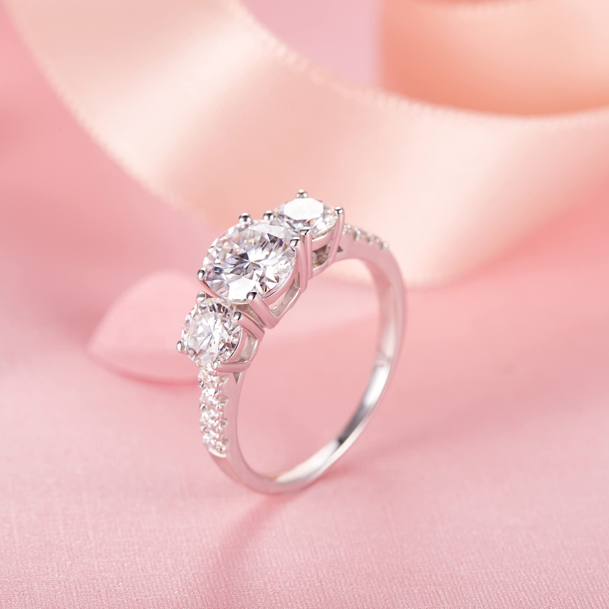 2.66-3ct Moissanite Engagement Ring for Women, 18K White Gold Plated Silver Three Stone Ring, D Color VVS1 Clarity - Perfect for Wedding, Proposal, Anniversary & Promise Gifts (Ideal for Bridal Jewelry & Special Occasions)