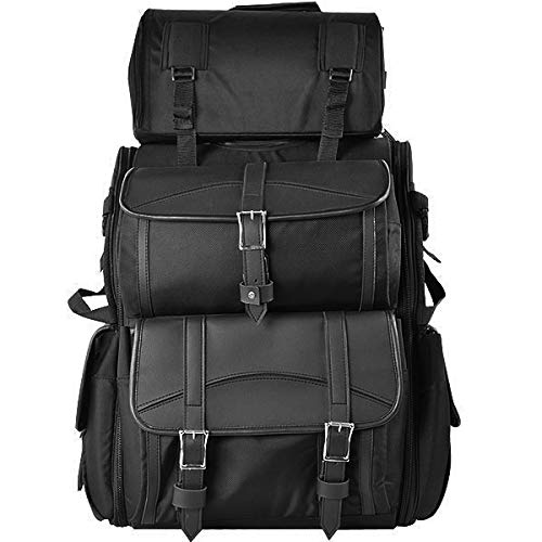 Waterproof Black Motorcycle Sissy Bar Bag with Multiple Storage Compartments & Adjustable Mounting Rig - Removable Rain Cover for Harley, Cruiser, Touring Bikes - Perfect for Road Trips, Commuting & Adventure Riding