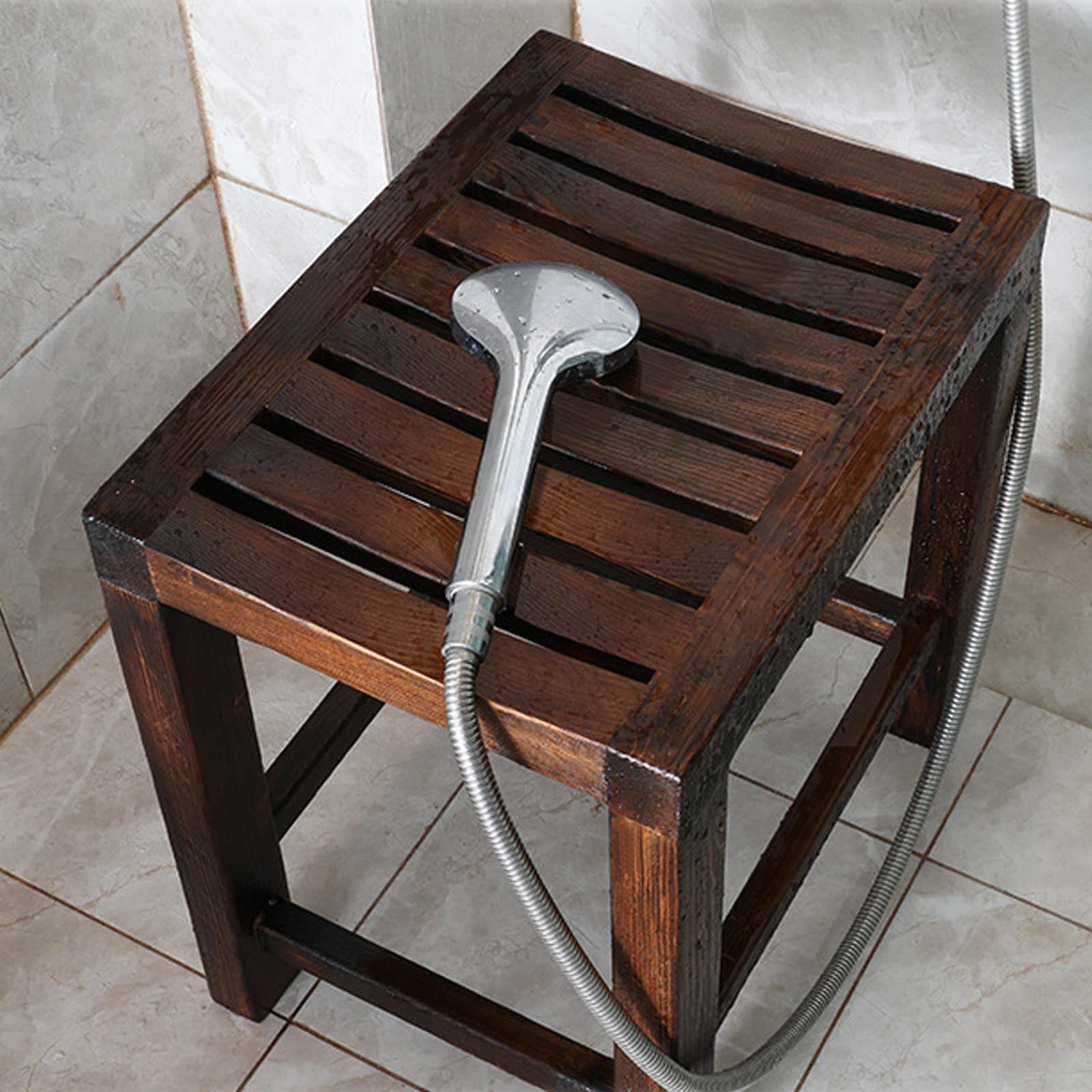Waterproof Wooden Shower Stool for Adults - Non-Slip Bath Chair with Backrest for Elderly & Seniors - Spa Bathtub Stool for Bathroom, Living Room & Garden Use (42x28x35cm) - Ideal for Relaxing, Changing Shoes & Safe Bathing