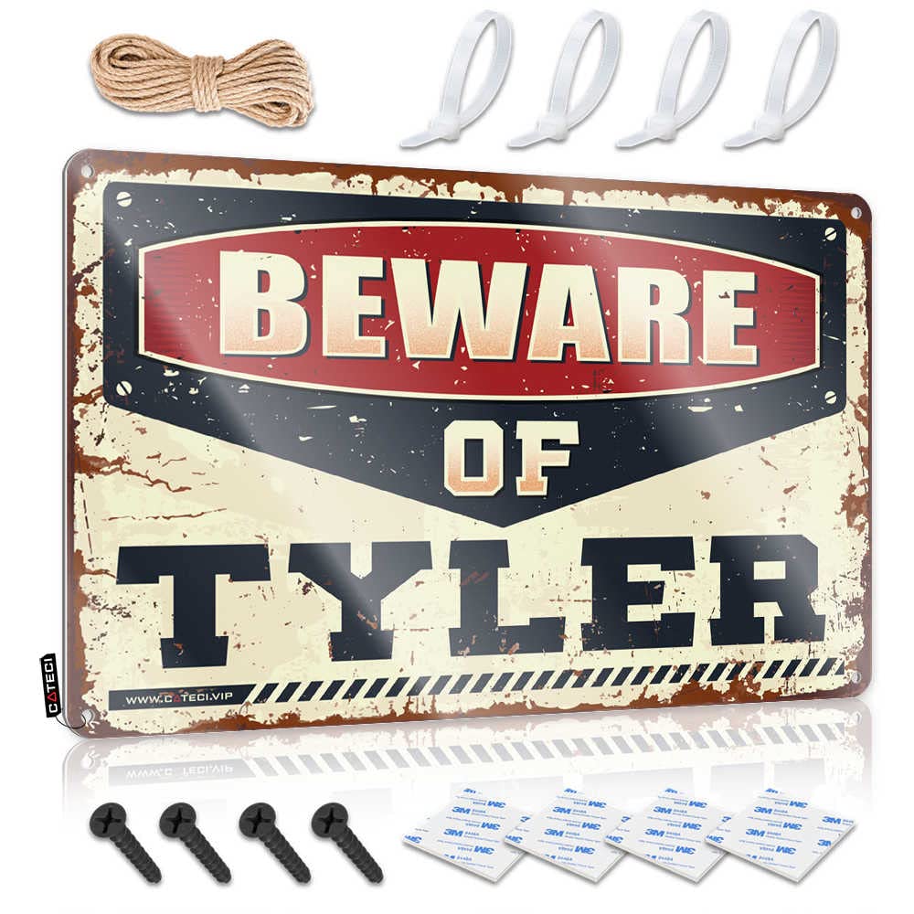 Vintage Humor Man Cave Tin Sign - Beware of Tyler Metal Wall Art for Garage, Bar & Office Decor - 20x30cm Retro Style Sign for Men's Den, Workshop & Man Cave
