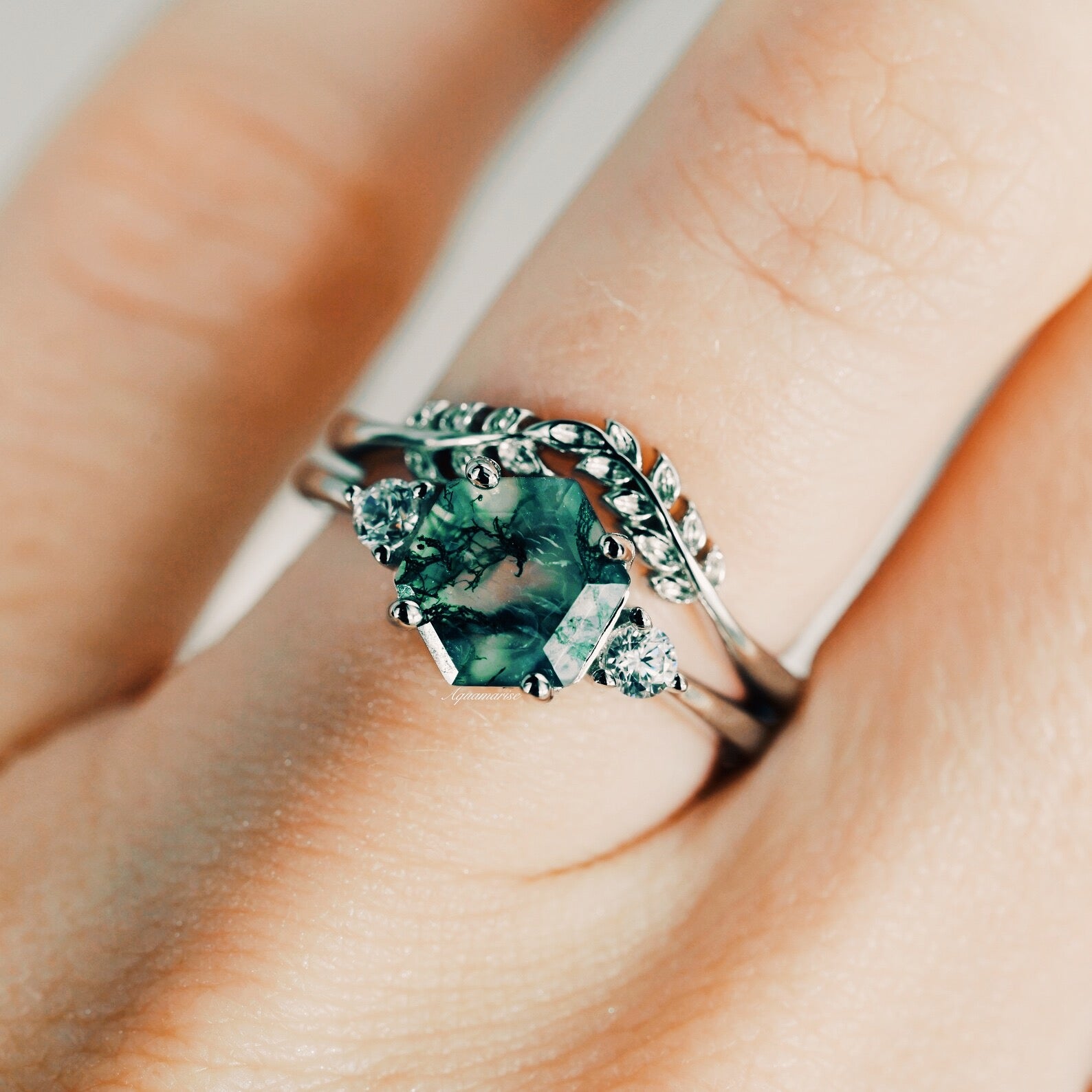 Hexagon Moss Agate Fairy Ring Set - Sterling Silver Jewelry for Women, Boho Wedding Rings, Nature-Inspired Engagement Rings - Perfect for Bridal, Gift Giving & Spiritual Healing