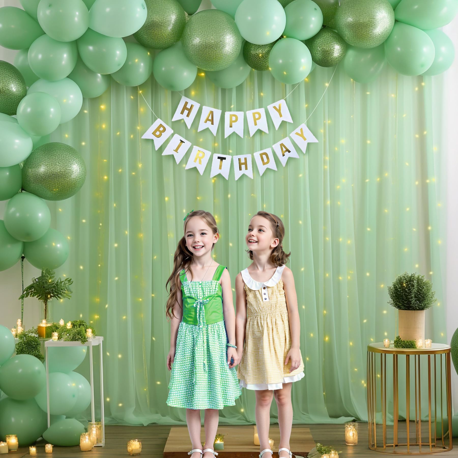 30x10ft Olive Green Tulle Backdrop Curtain with Fairy Lights - Elegant Sheer Fabric for Wedding, Baby Shower, Birthday Party Decor | Perfect for Photo Booths, Bridal Showers & Event Photography Backdrops
