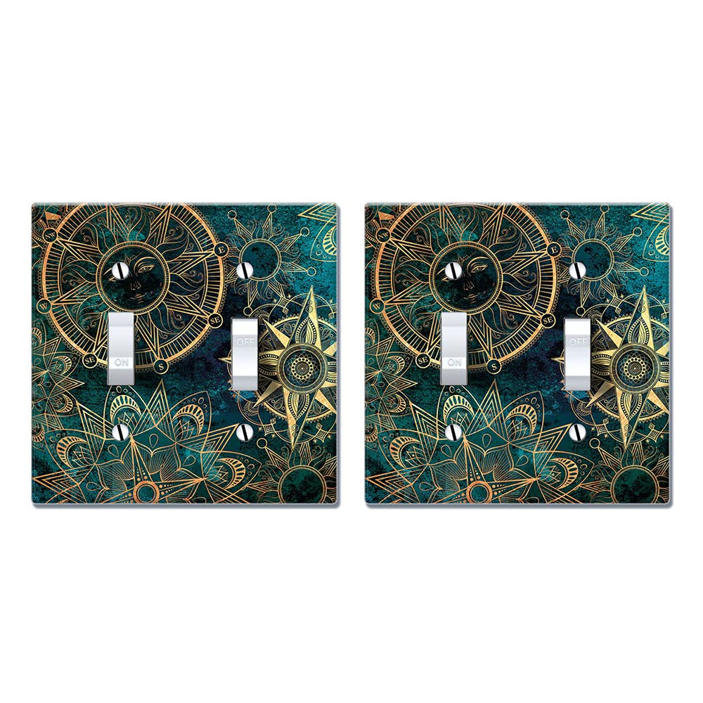 WIRESTER Double Gang Toggle Light Switch Plate Cover - Teal Bohemian Floral Compass Design, 2-Pack for Bedroom, Living Room & Office Decor