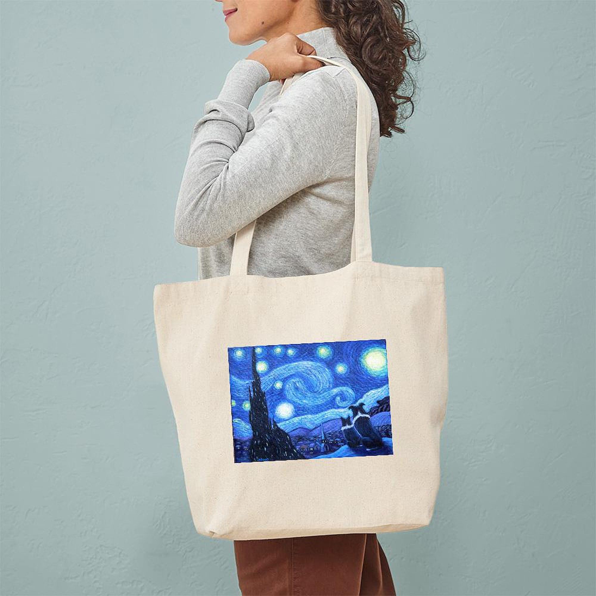 Starry Night Border Collies Canvas Tote Bag - Eco-Friendly Reusable Shopping Bag for Groceries, Beach & Daily Use | Van Gogh Inspired Dog Lover Gift