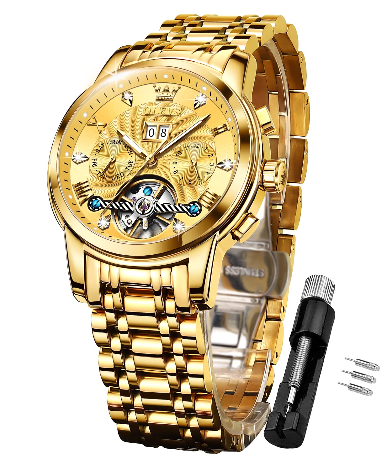 OLEVS Automatic Men's Luxury Stainless Steel Dress Watch - Self-Winding, Waterproof, Skeleton Tourbillon Design with Multi-Date Display - Perfect for Business, Formal Events & Gifts