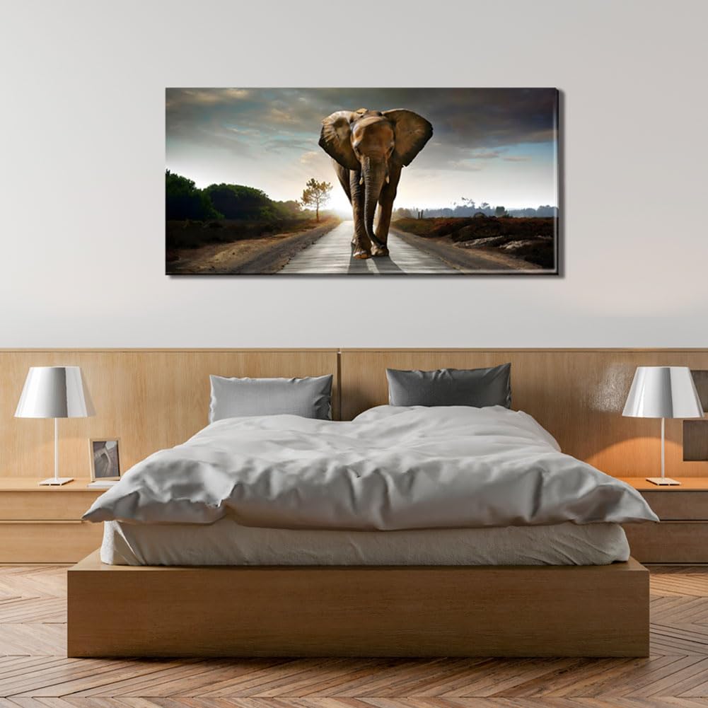 Black and White Elephant Canvas Wall Art - Large Modern Walking Animal Painting for Home & Bedroom Decor | Perfect for Living Room, Nursery & Office
