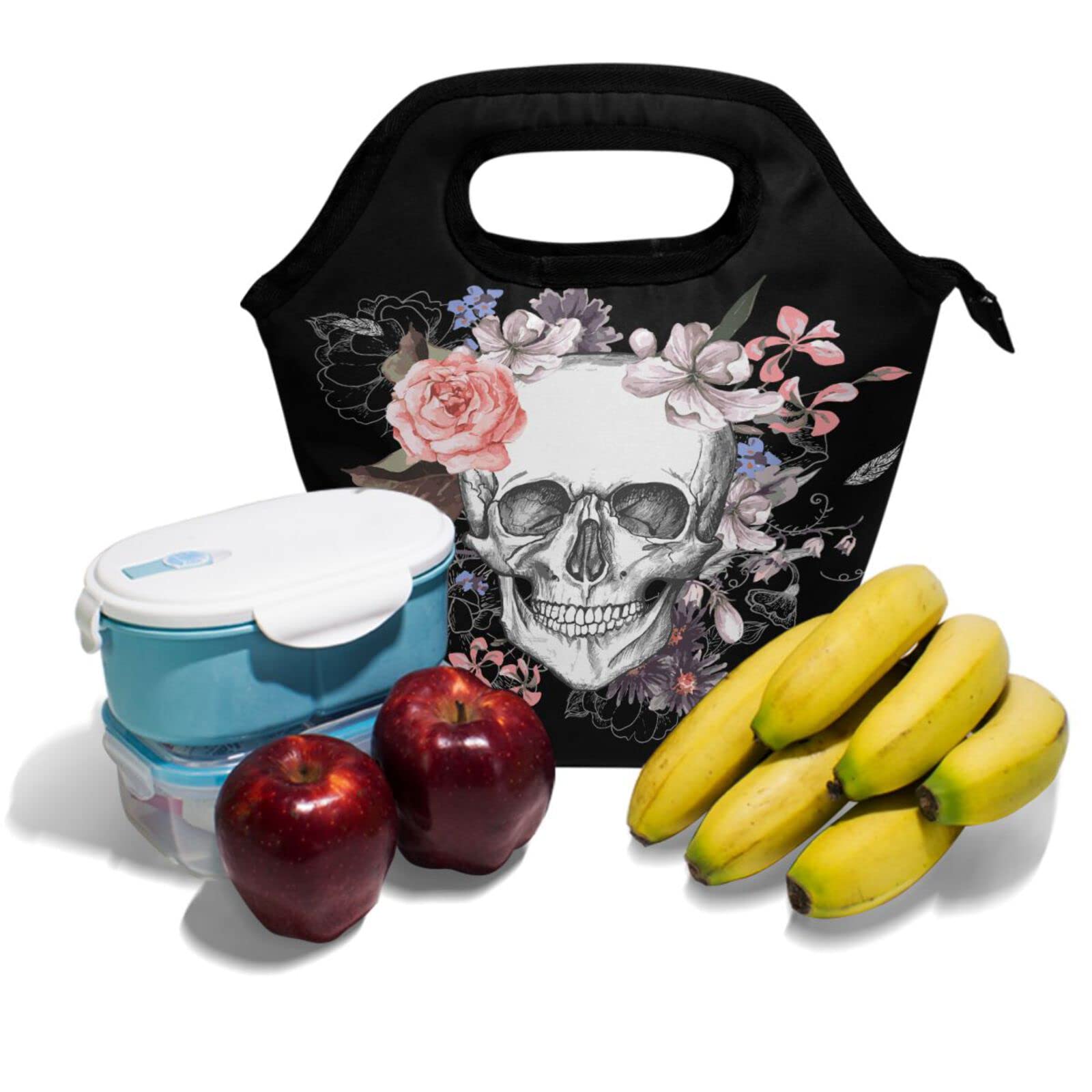 Wamika Insulated Sugar Skull Skeleton Lunch Bag - Freezable Rose Floral Design Lunch Tote Cooler for Women & Men - Perfect for Work, School, Picnic, Travel & Outdoor Activities - Reusable Lunch Box Handbag