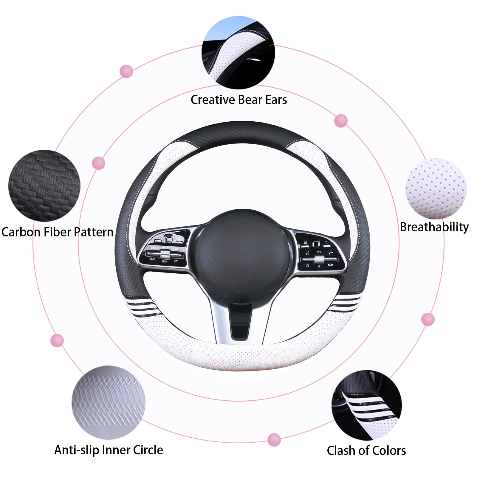 Breathable D-Shaped Steering Wheel Cover - Universal 15 Inch for Women & Men - Black & White Design - Perfect for Cars, Trucks & SUVs