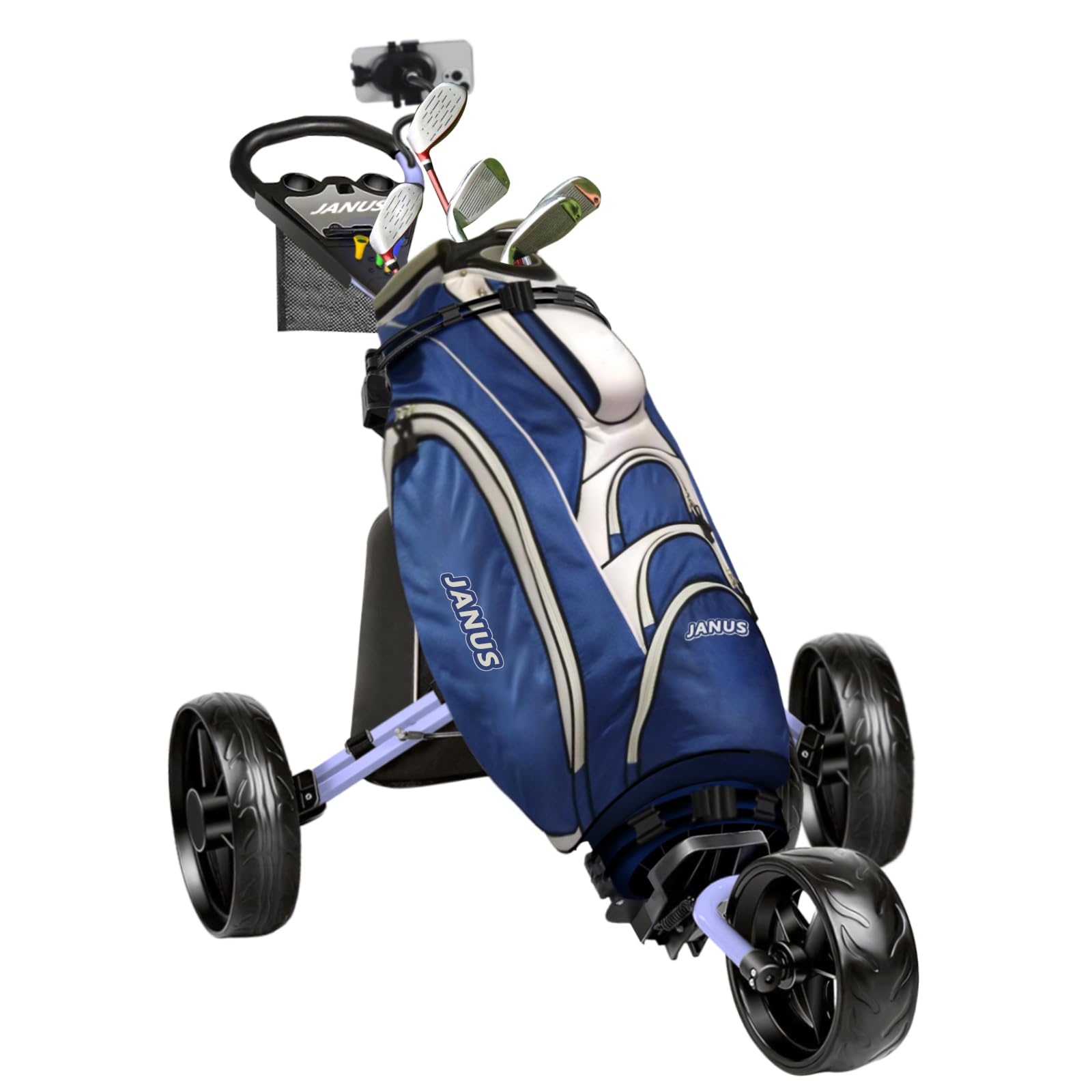 JANUS 3-Wheel Foldable Golf Push Cart with Gooseneck Phone Holder - Lightweight Golf Bag Pull Cart for Easy Transport | Perfect for Golf Courses, Driving Ranges & Outdoor Practice