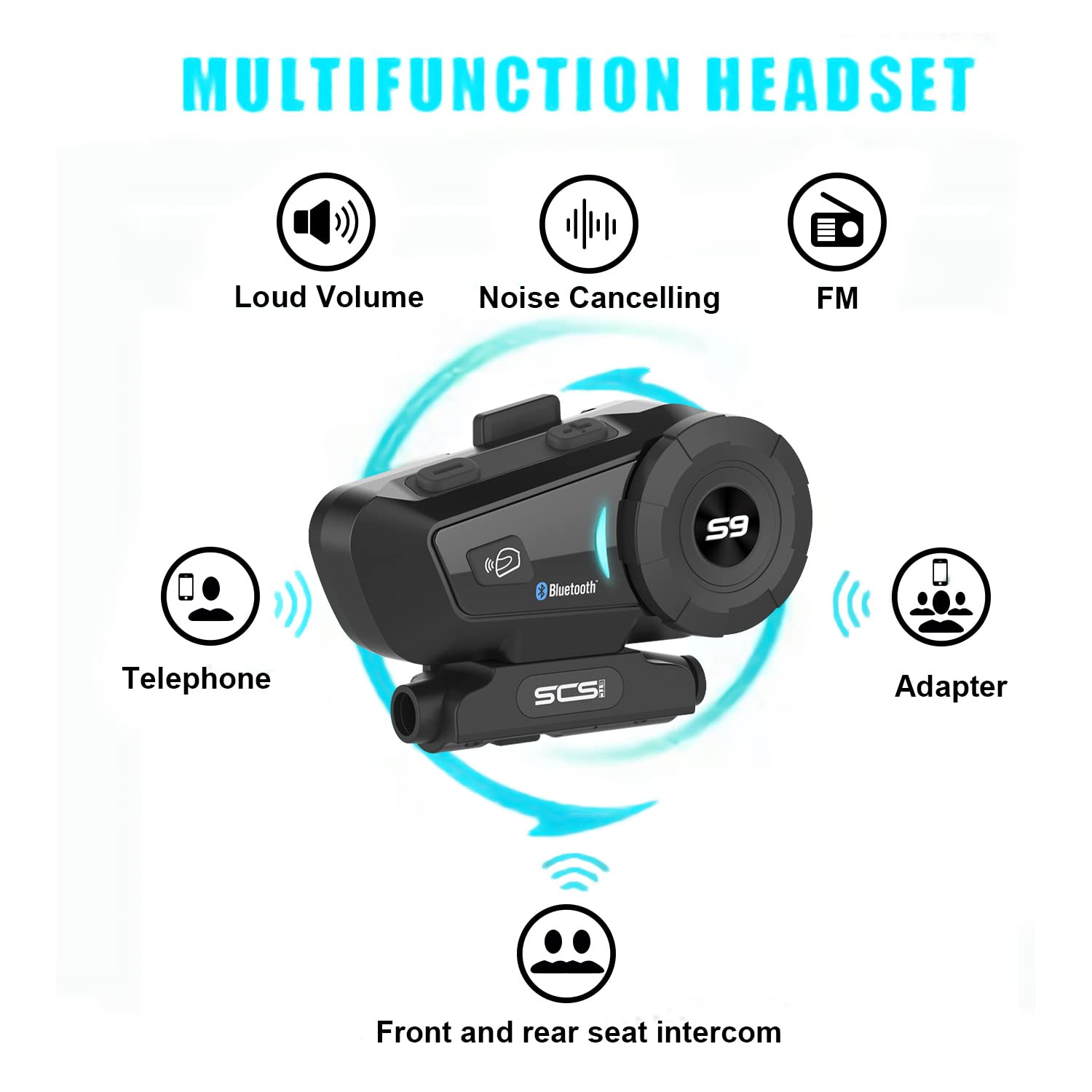 S-9 Motorcycle Helmet Bluetooth Headset - 2000m Range, 6-Way Intercom with CVC Noise Cancellation, IP65 Waterproof, Hands-Free & GPS Support (2 Pack) - Perfect for Group Rides, Commuting & Adventure Touring