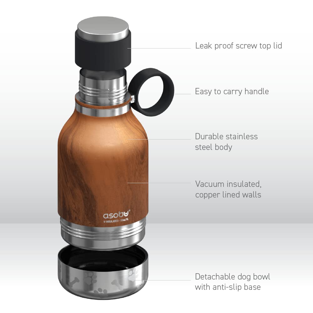 Asobu Insulated Stainless Steel Travel Bottle with Dog Bowl - 33oz, Hardwood - Perfect for Hiking, Camping & Outdoor Adventures with Your Pet