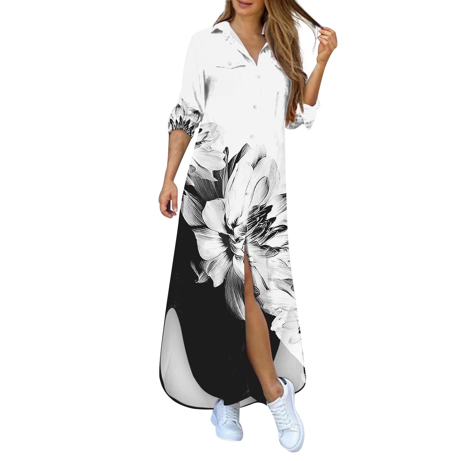 ADHOWBEW Women's Plus Size Long Sleeve Button Down Maxi Dress - Casual Fall Fashion Shirt Dress for Work, Date Night & Autumn Outings